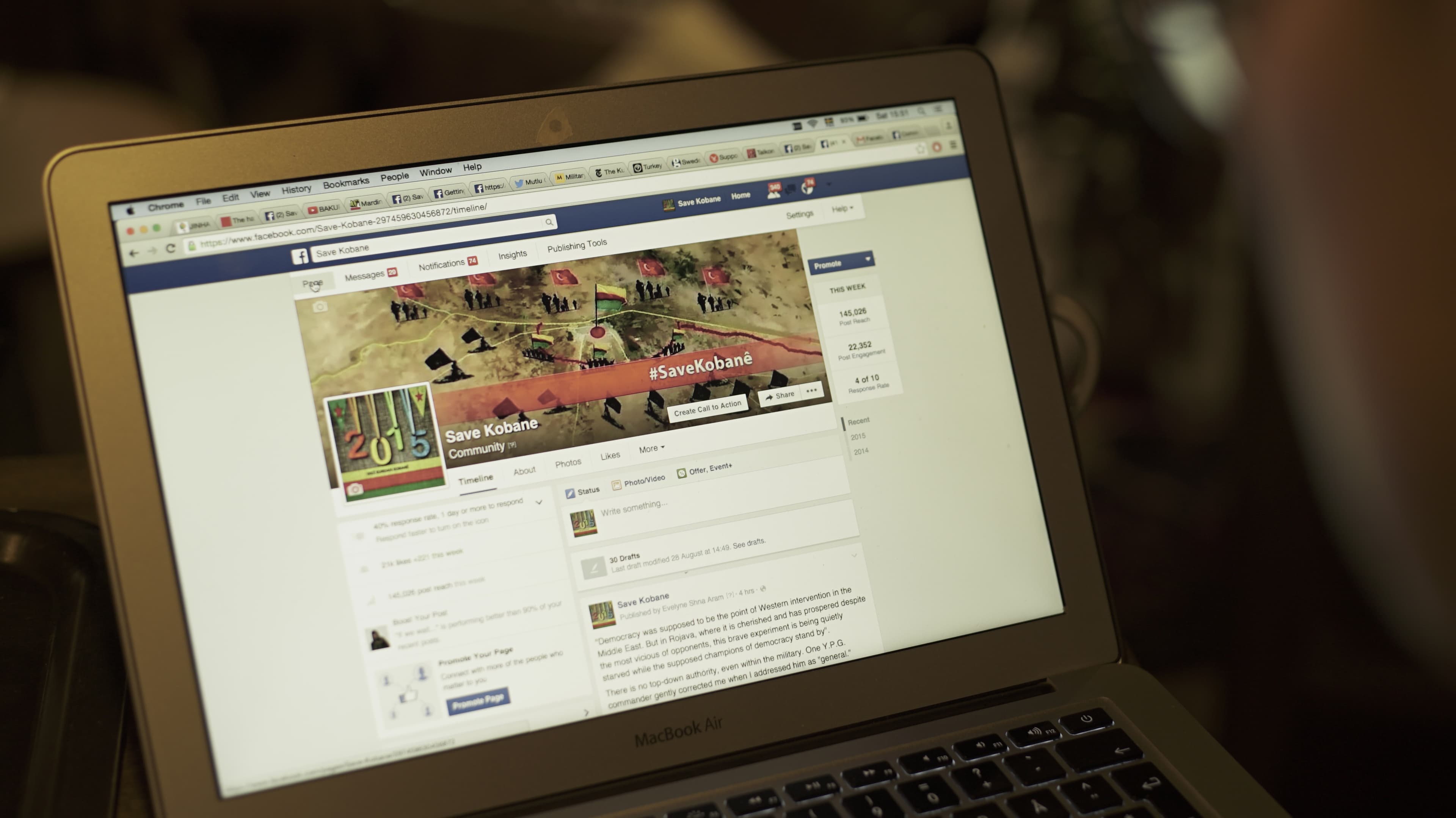 The Save Kobani Facebook page. Facebook routinely takes down its posts.