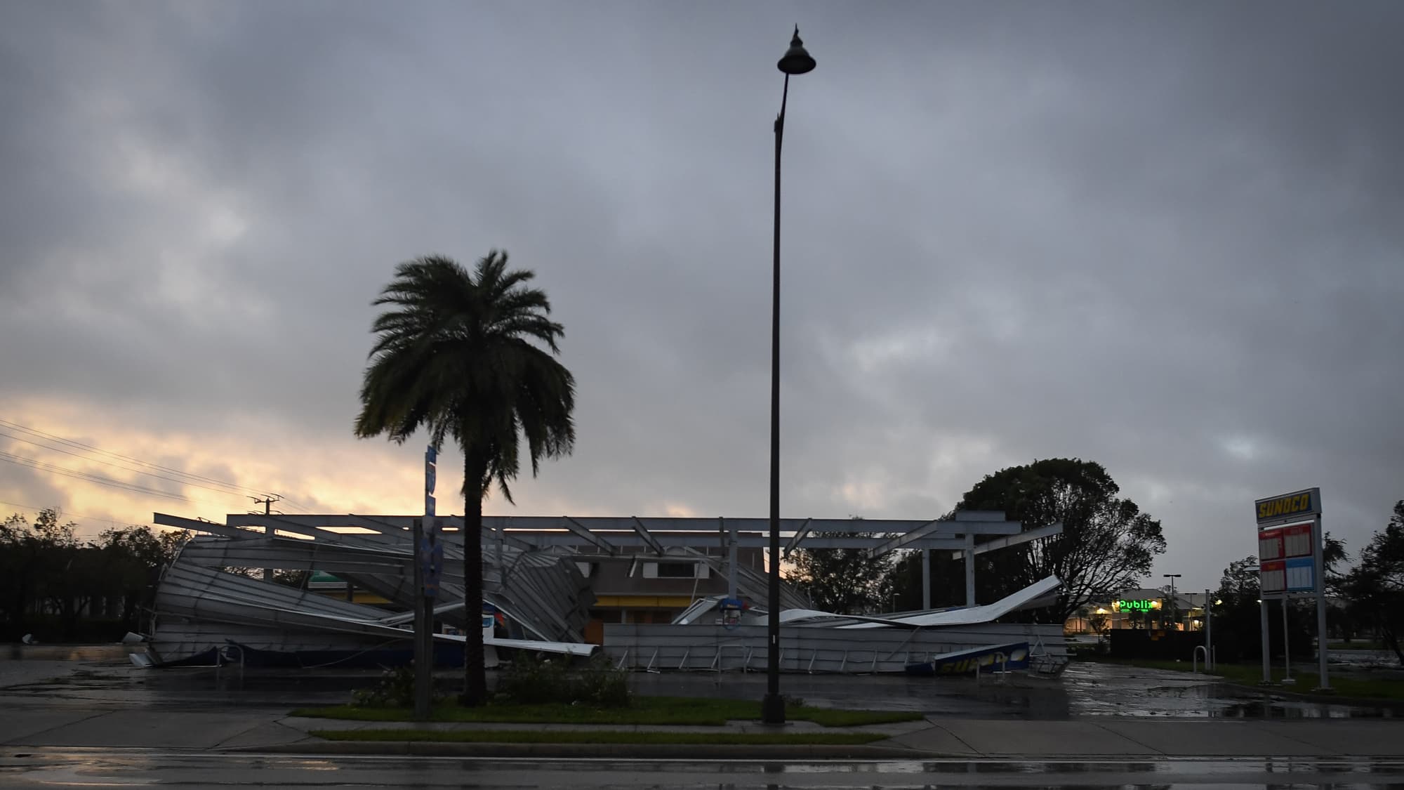 The crumbled canopy of a gas station damaged by Hurricane Irma is seen in Bonita Springs, Florida.