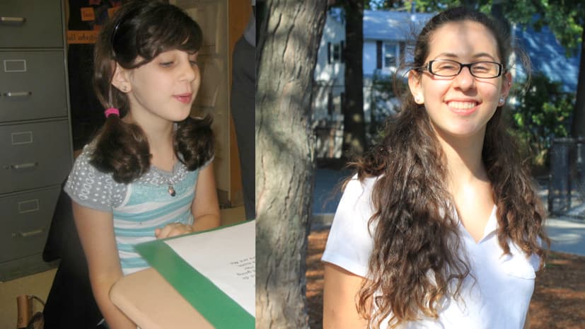 Gilli Danenberg in second grade (L) when she first arrived in the US from Israel at the age of seven, and Gilli now, age 14.