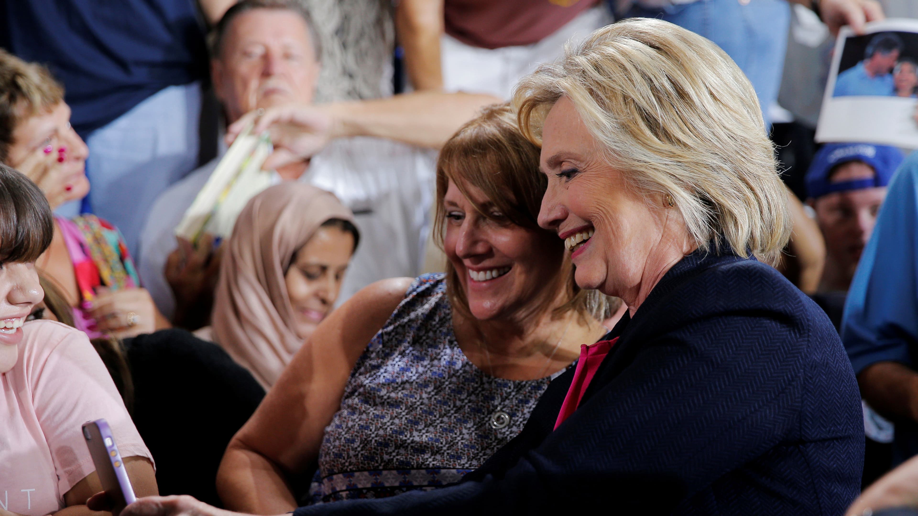 U.S. Democratic presidential nominee Hillary Clinton poses for a selfie.
