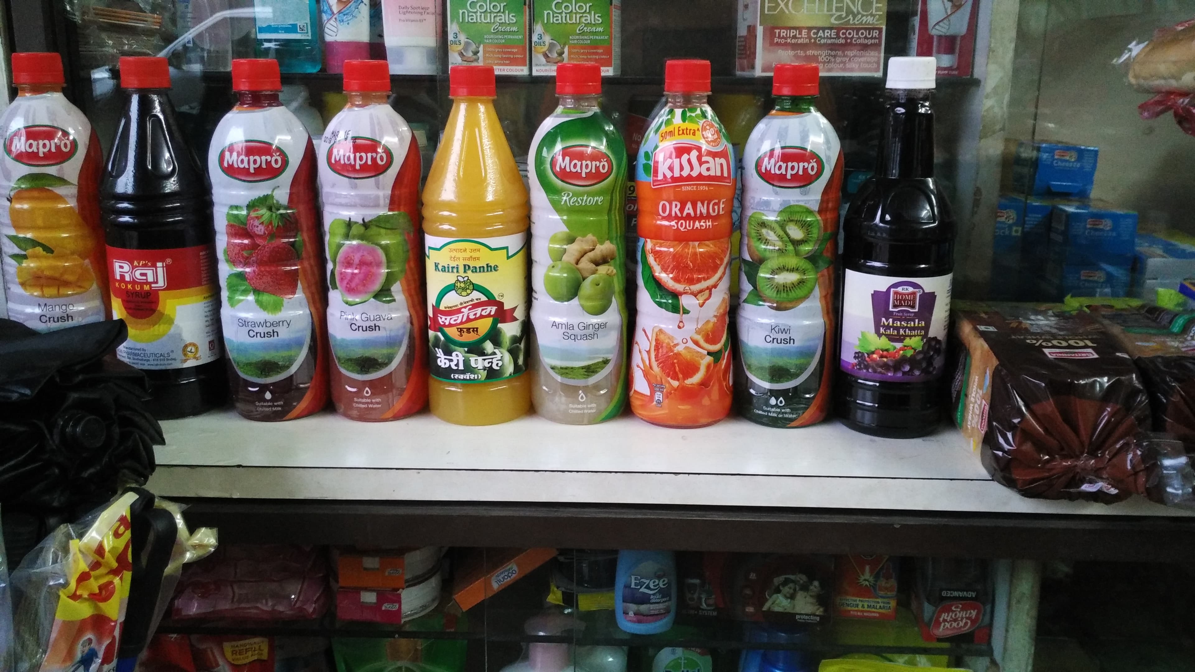 Bottles of squash at a local convenience store