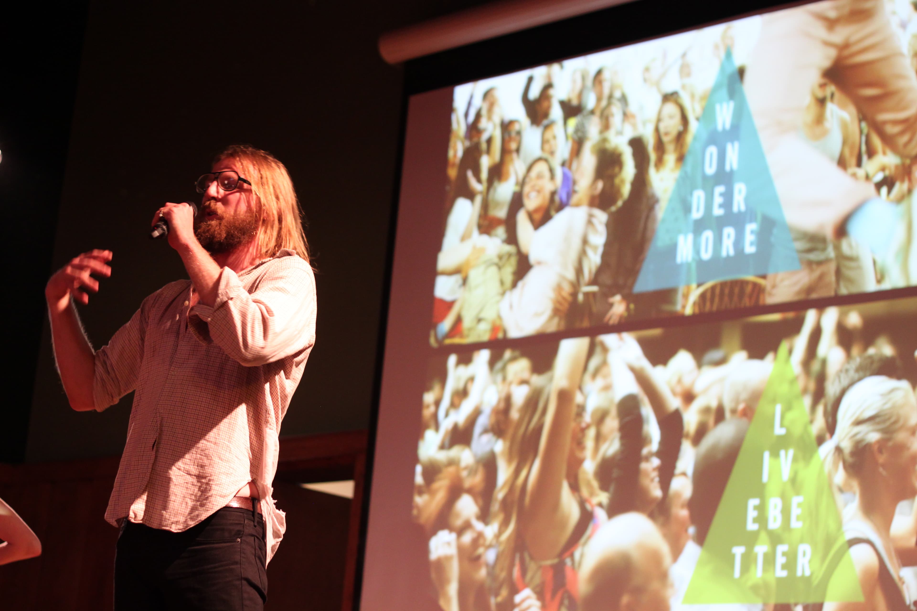 Sanderson Jones, co-founder of the Sunday Assembly, addresses the congregation.