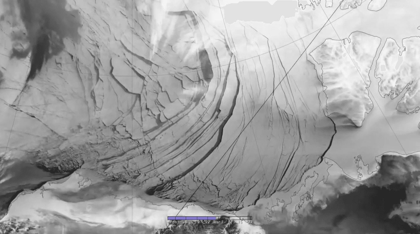 A satellite image of Arctic sea ice fractures caused by the force of the Beaufort Gyre