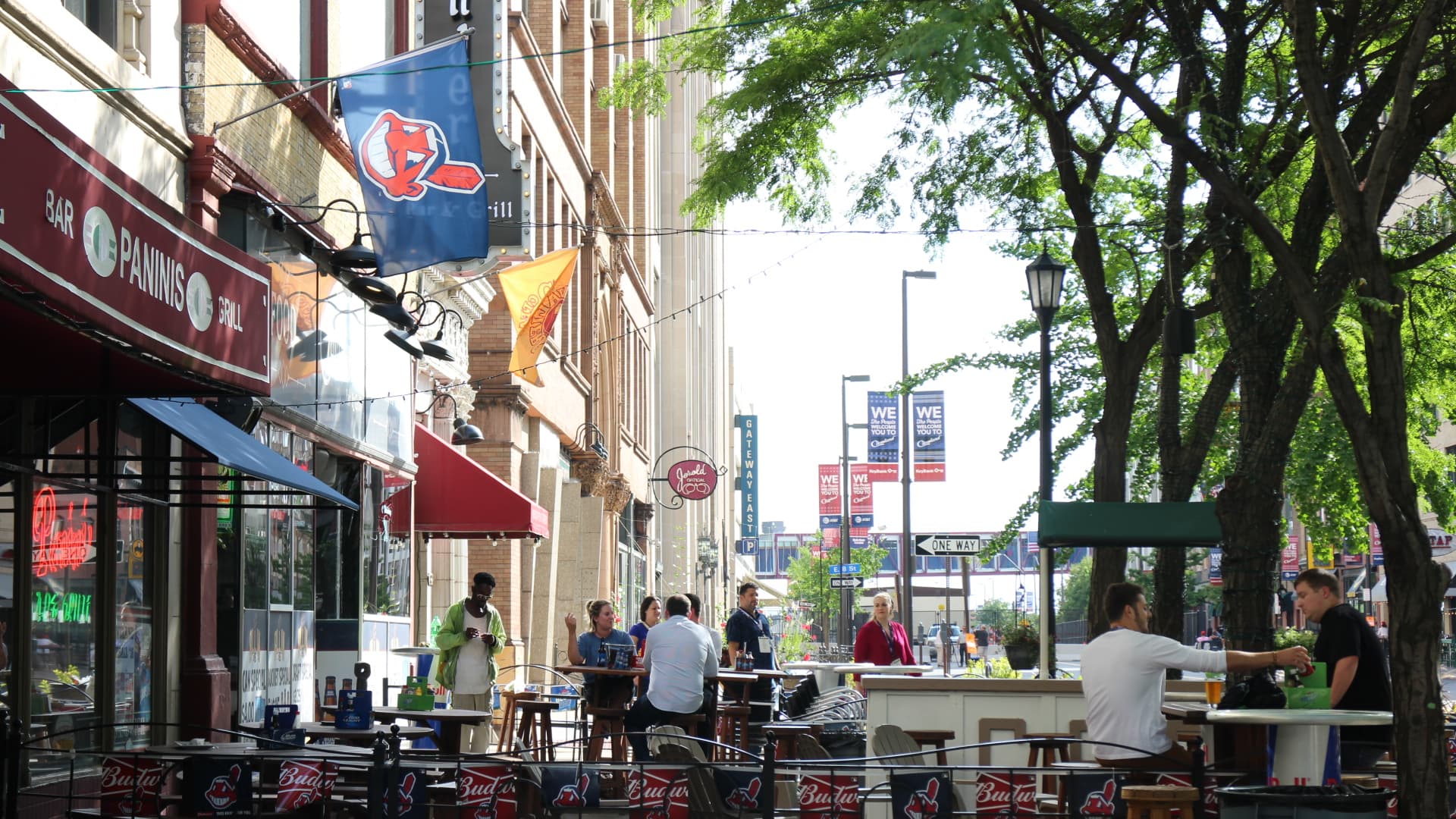 Cleveland Indians flags on display at a downtown Cleveland sports bar near the Republican National Convention.
