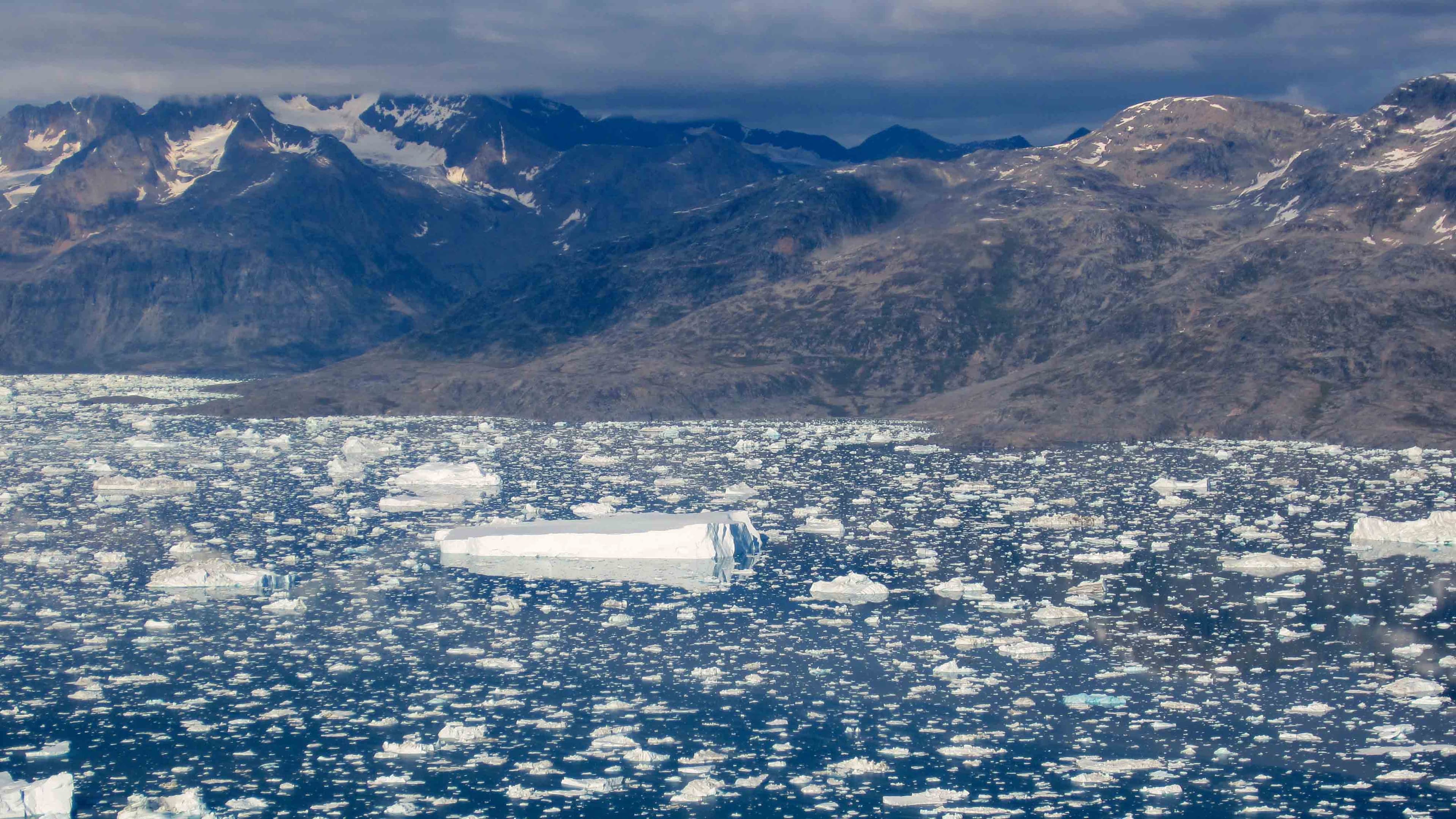Icebergs in Sermilik Fjord, SE Greenland, viewed from a helicopter.