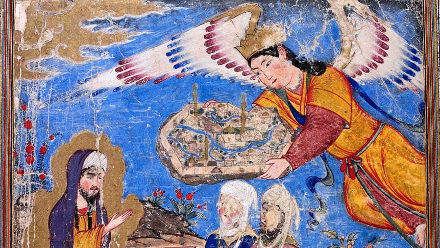 A painting of Prophet Muhammad's vision in Mecca from Tabriz, 1320 CE. In this painting, his facial features are not covered.