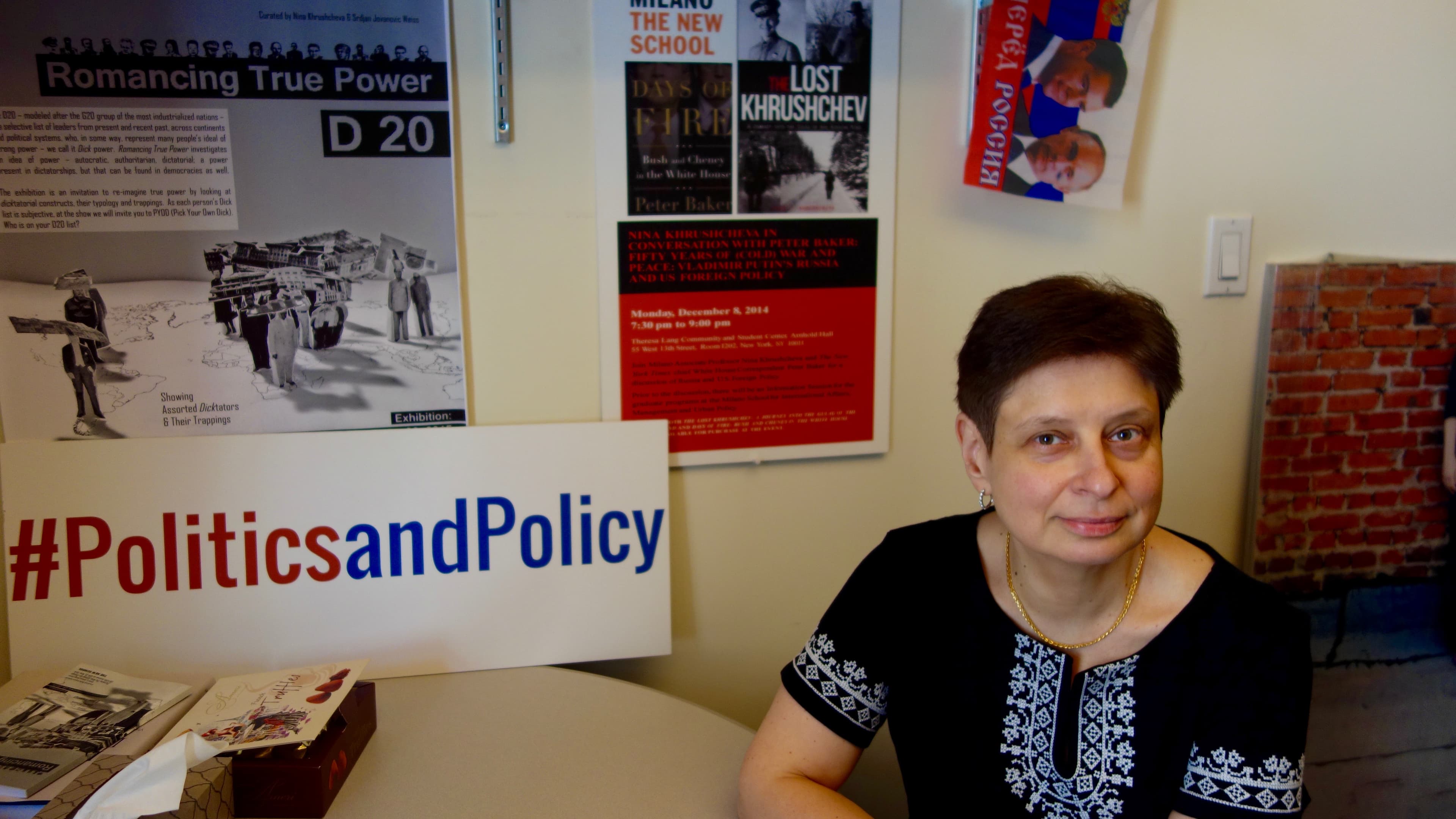 Nina Khrushcheva, great-granddaughter of former Soviet leader Nikita Khrushchev, teaches propaganda at the New School in New York