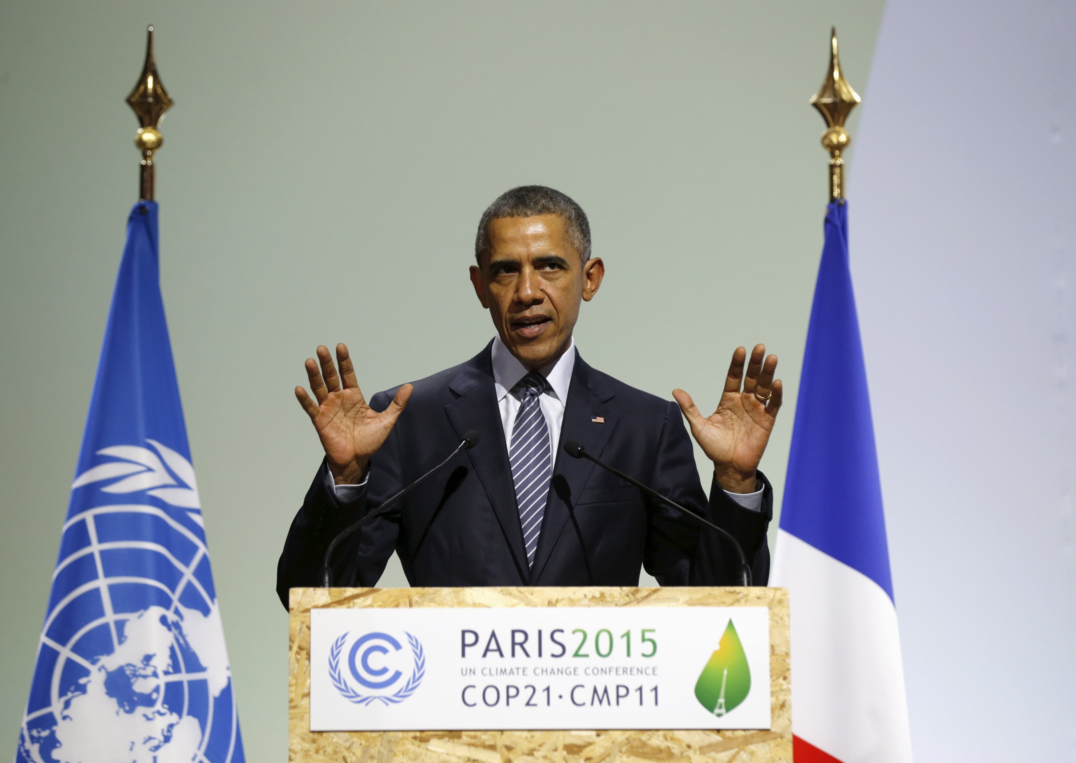 US President Barack Obama speaks at the COP21 session of statements by heads of state and government at the climate summit in Paris, France November 30, 2015.