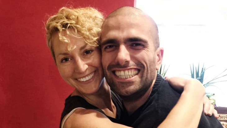 Malik Ibheis from Germany and Cloe Faulkner from the Isle of Wight hug for an Instagram photo campaign, #hugabrit.