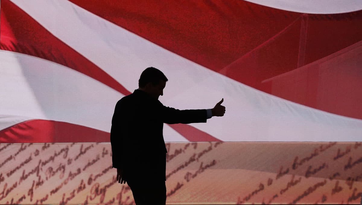 Former Republican US presidential candidate Ted Cruz leaves the stage after speaking at the RNC.
