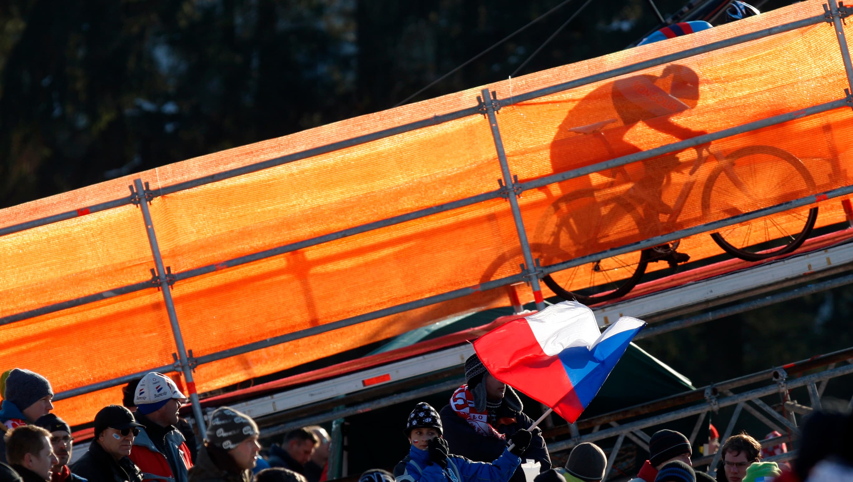 An unidentified athlete competes during the men's event at the 2010 UCI Cyclo-Cross World Championships in Tabor, January 31, 2010.