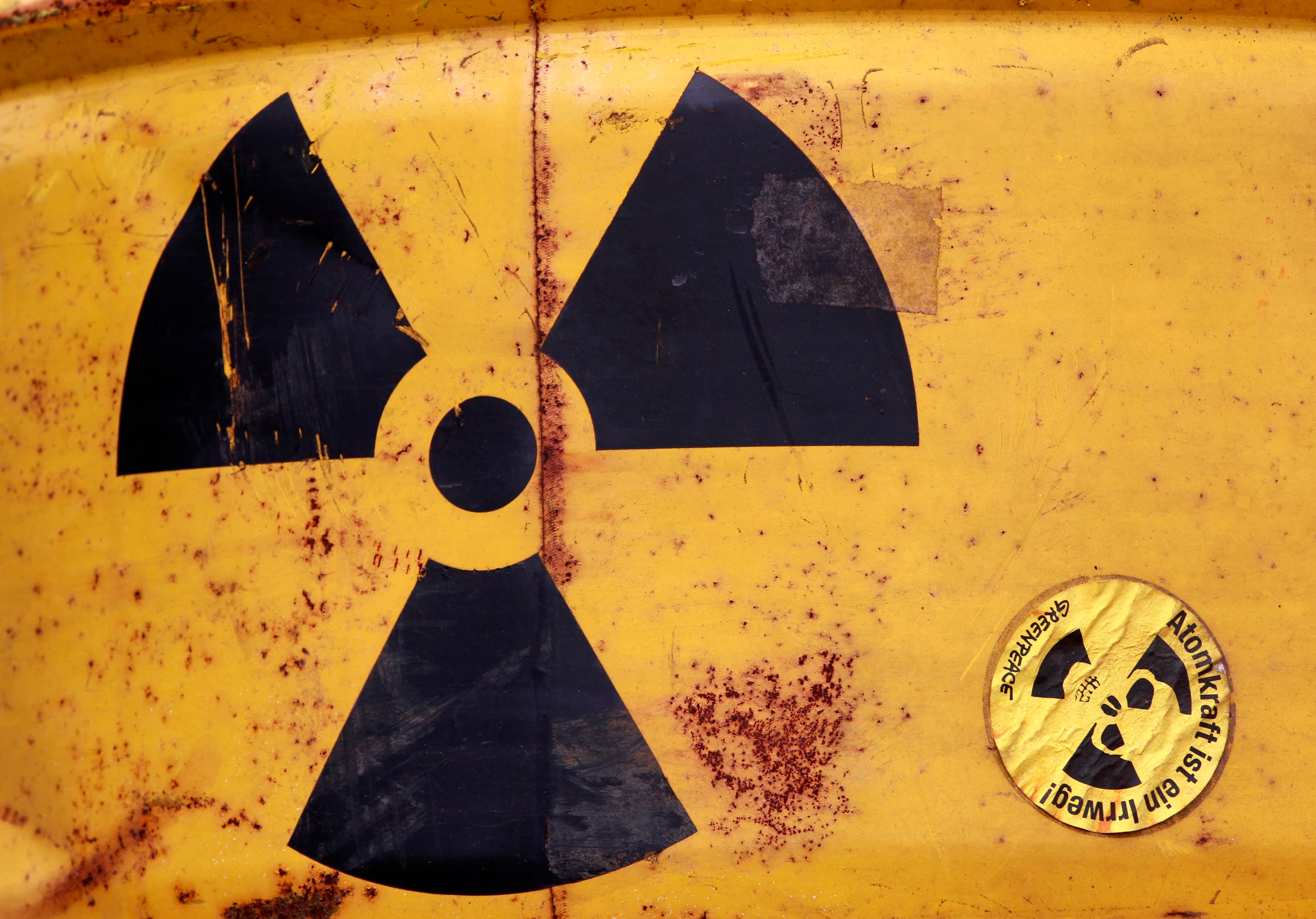 A mock-up of an atomic waste barrel is pictured at the entrance of the annual meeting of German utility giant E.ON in Essen on May 3, 2012.