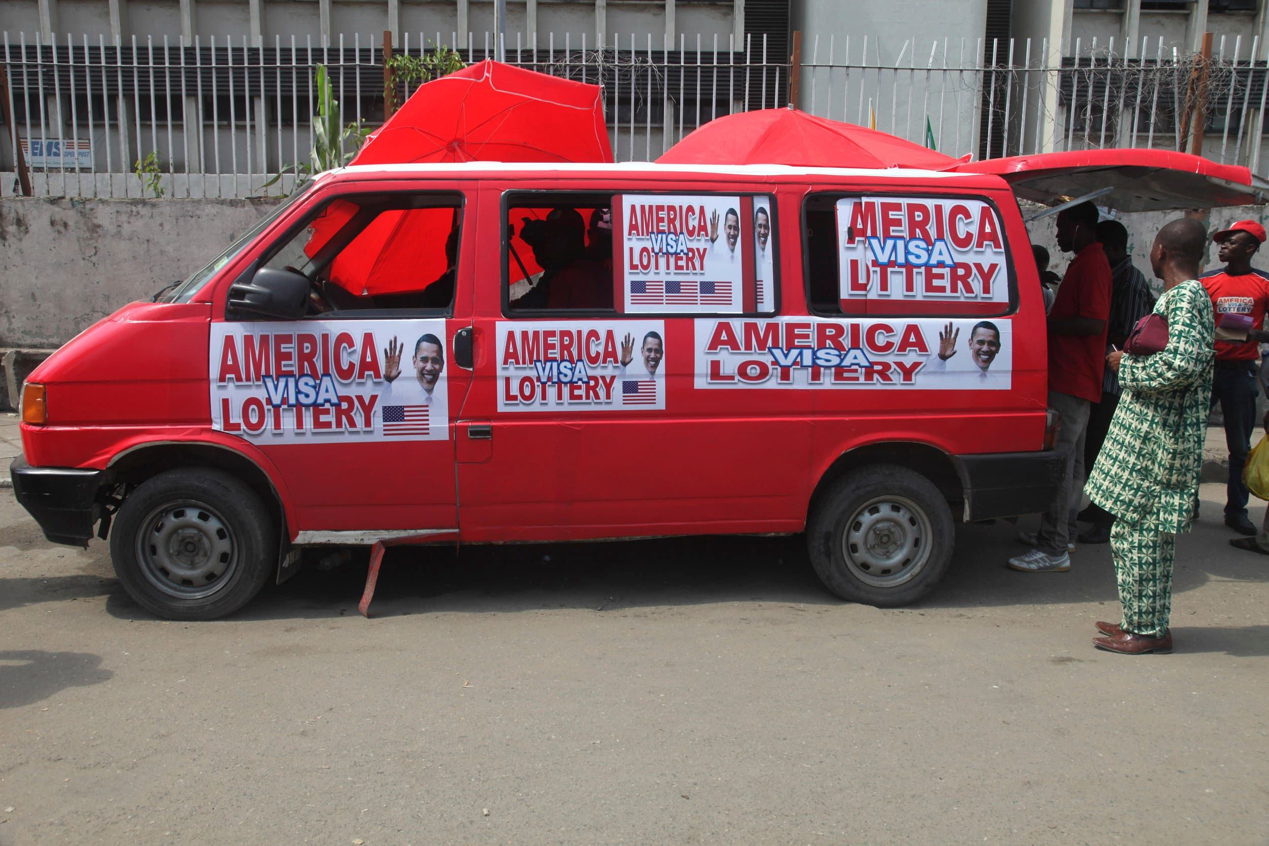 A bus advertising an American visa lottery in Nigeria's commercial capital Lagos.