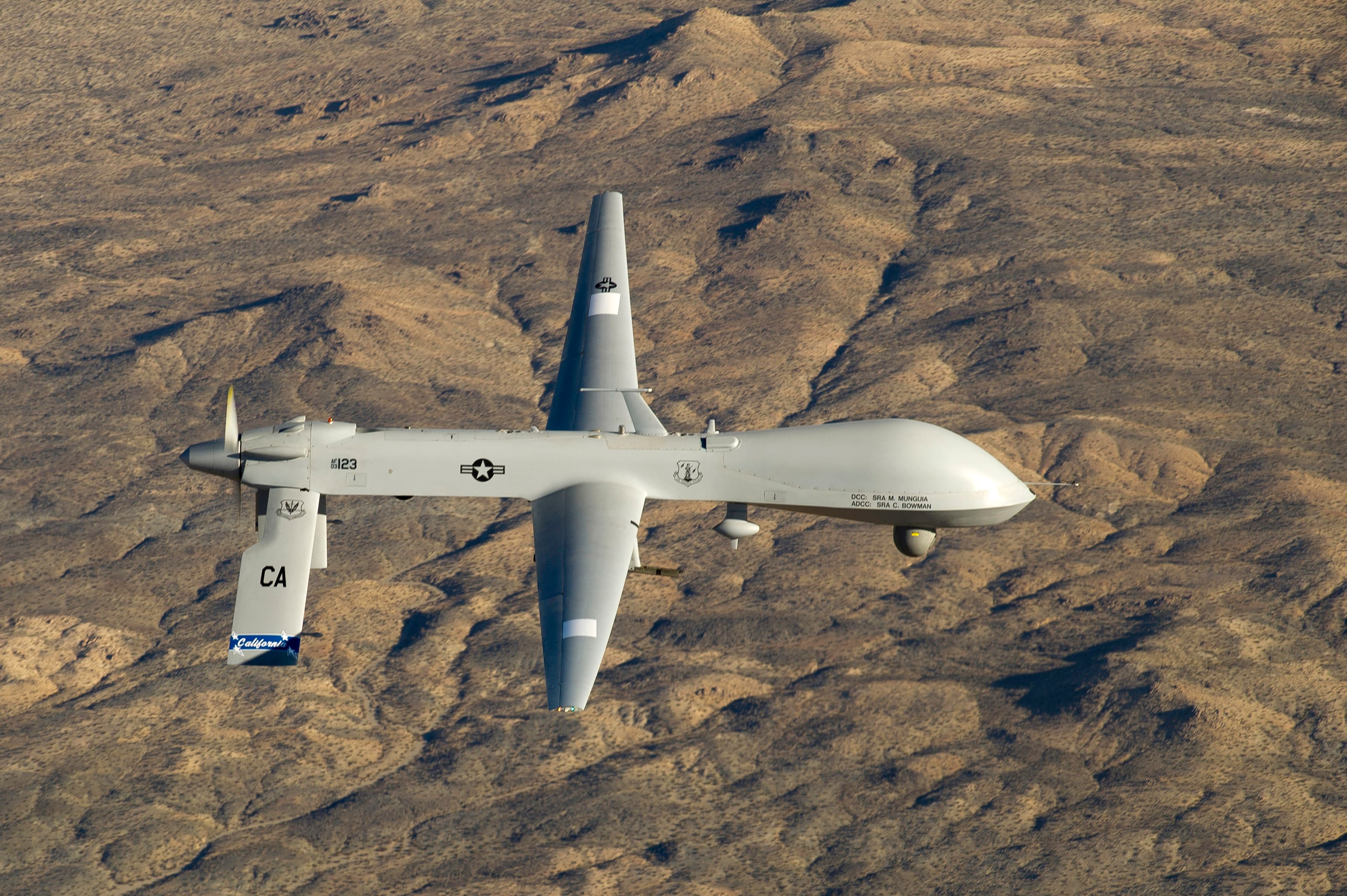 A US Air Force MQ-1 Predator flies near the Southern California Logistics Airport in Victorville, California.