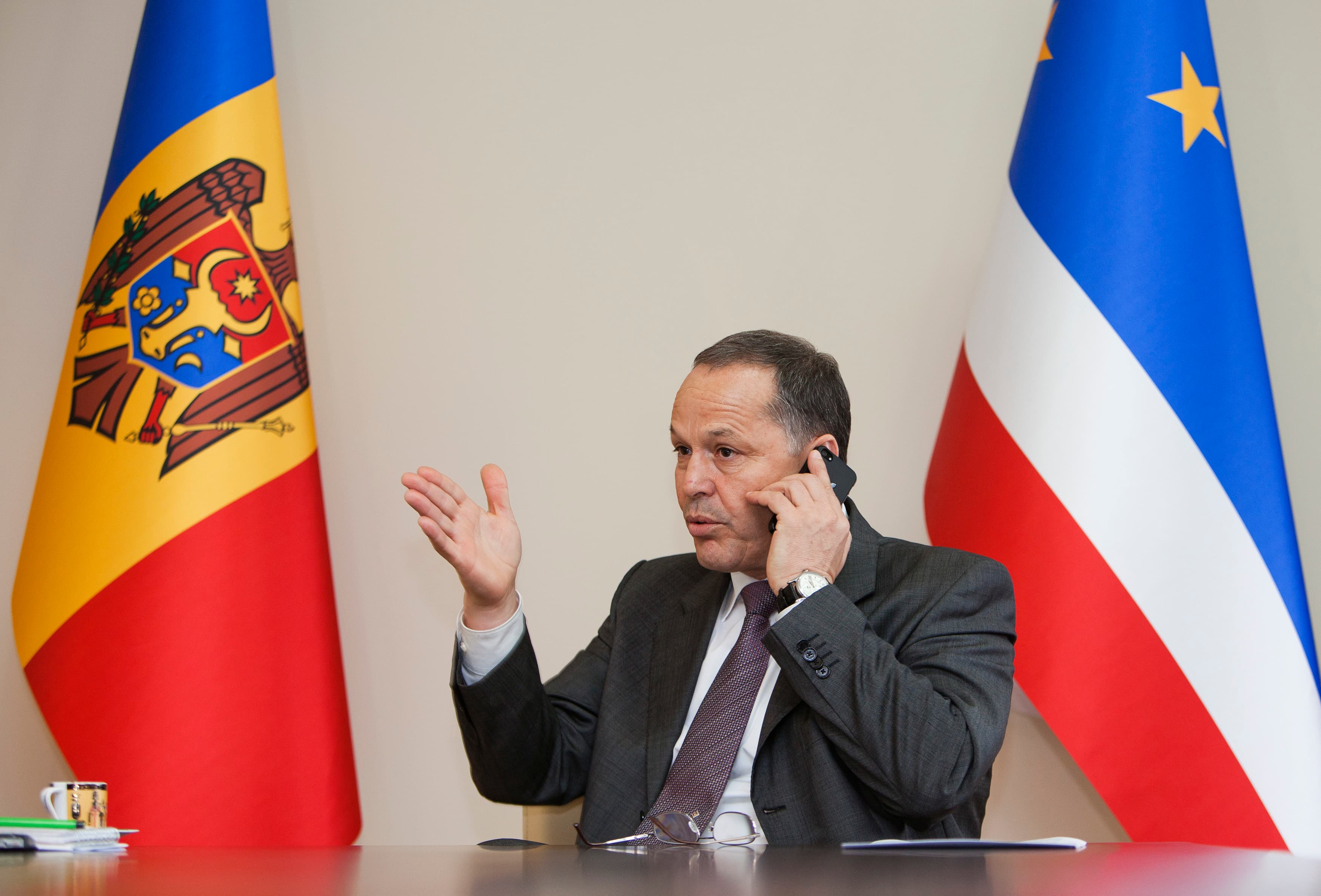 Mihail Formuzal, governor of the autonomous Moldovan province Gagauzia, speaks on the phone during an interview at his office in Comrat, the administrative centre of Gagauzia.