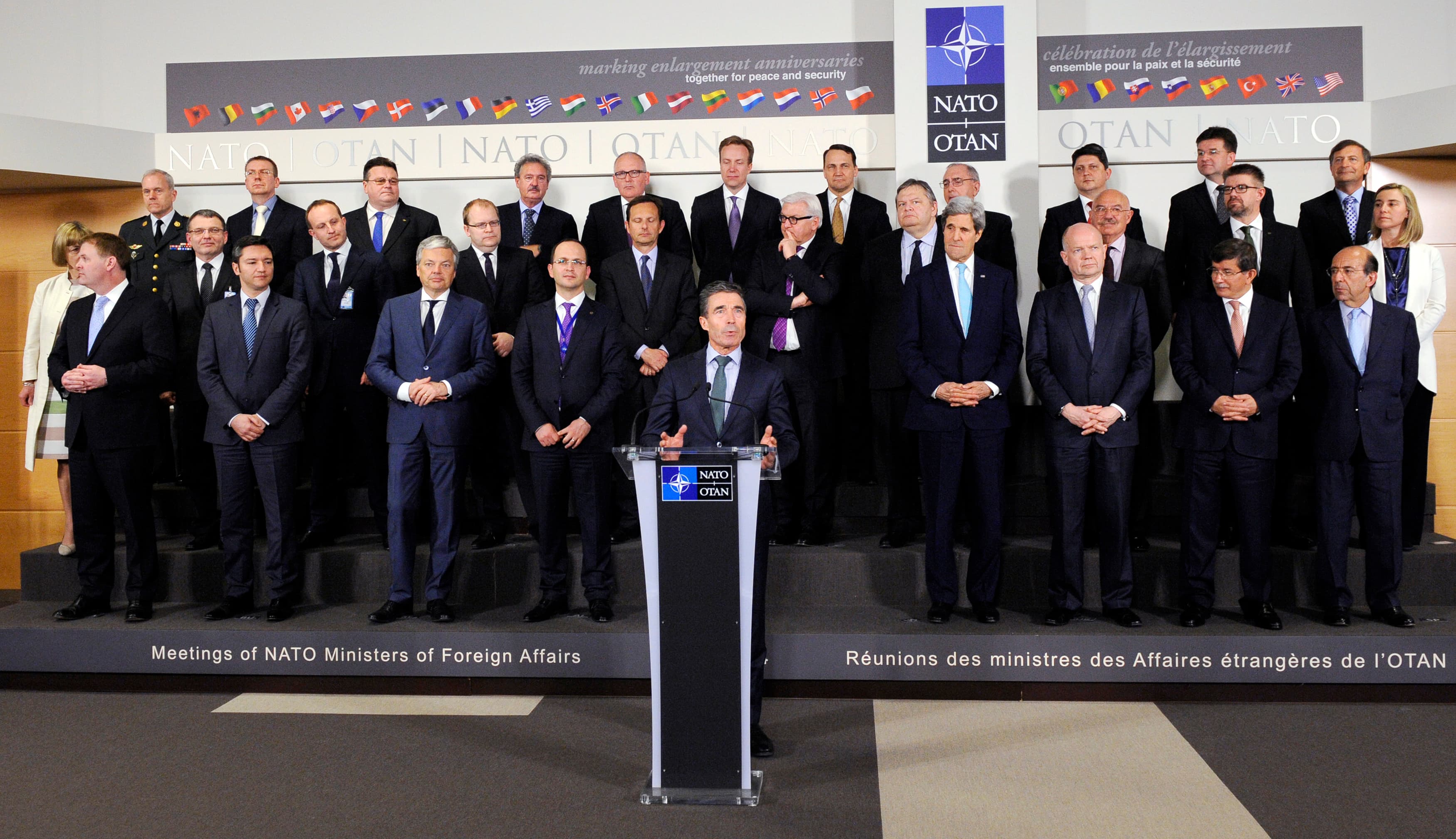 NATO's Secretary General, Anders Fogh Rasmussen -- backed by all of NATO's foreign ministers -- speaking at the Alliance headquarters in Brussels. NATO is suspending "all practical civilian and military cooperation" with Russia.