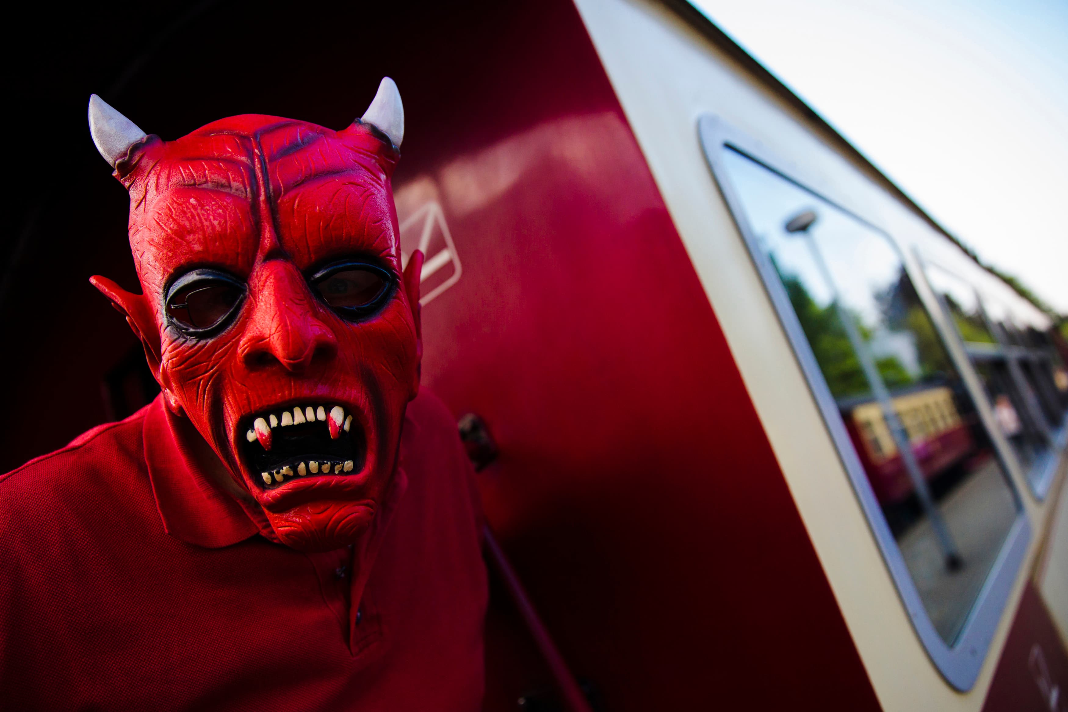 A man with devil make-up takes part in celebrations marking the “Walpurgisnacht” pagan tradition, in Germany.