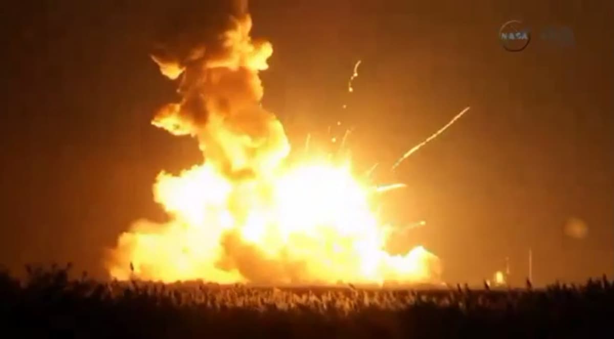 An unmanned Antares rocket is seen exploding seconds after liftoff from a commercial launch pad in this still image from NASA video at Wallops Island, Virginia, on October 28, 2014.