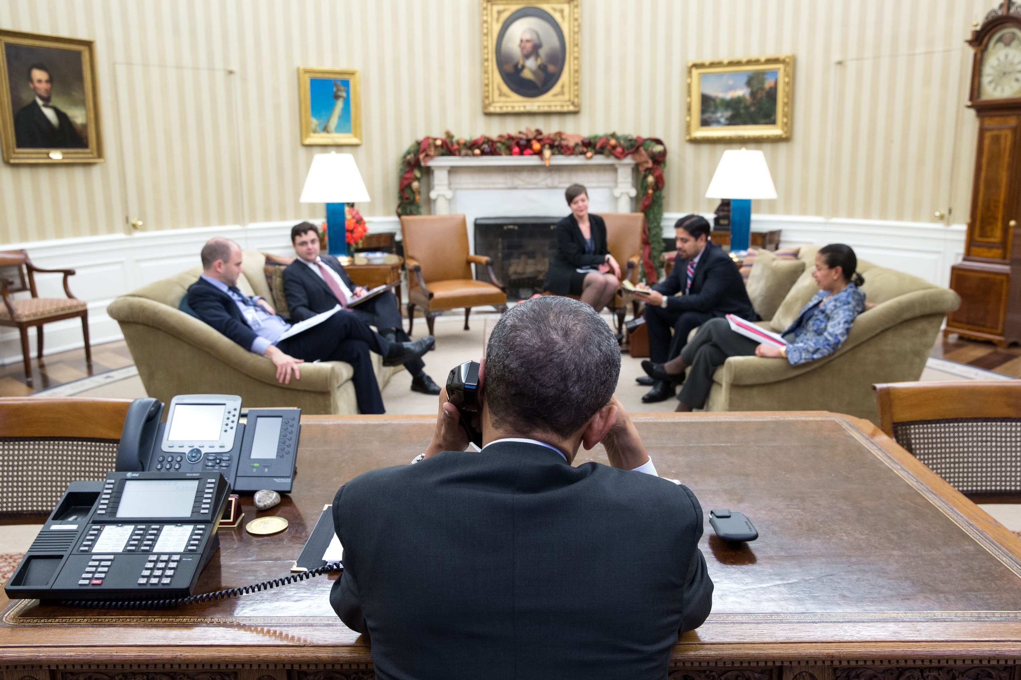 President Obama talks with Cuban President Raul Castro before the thaw in US-Cuban relations was announced on December 17, 2014.