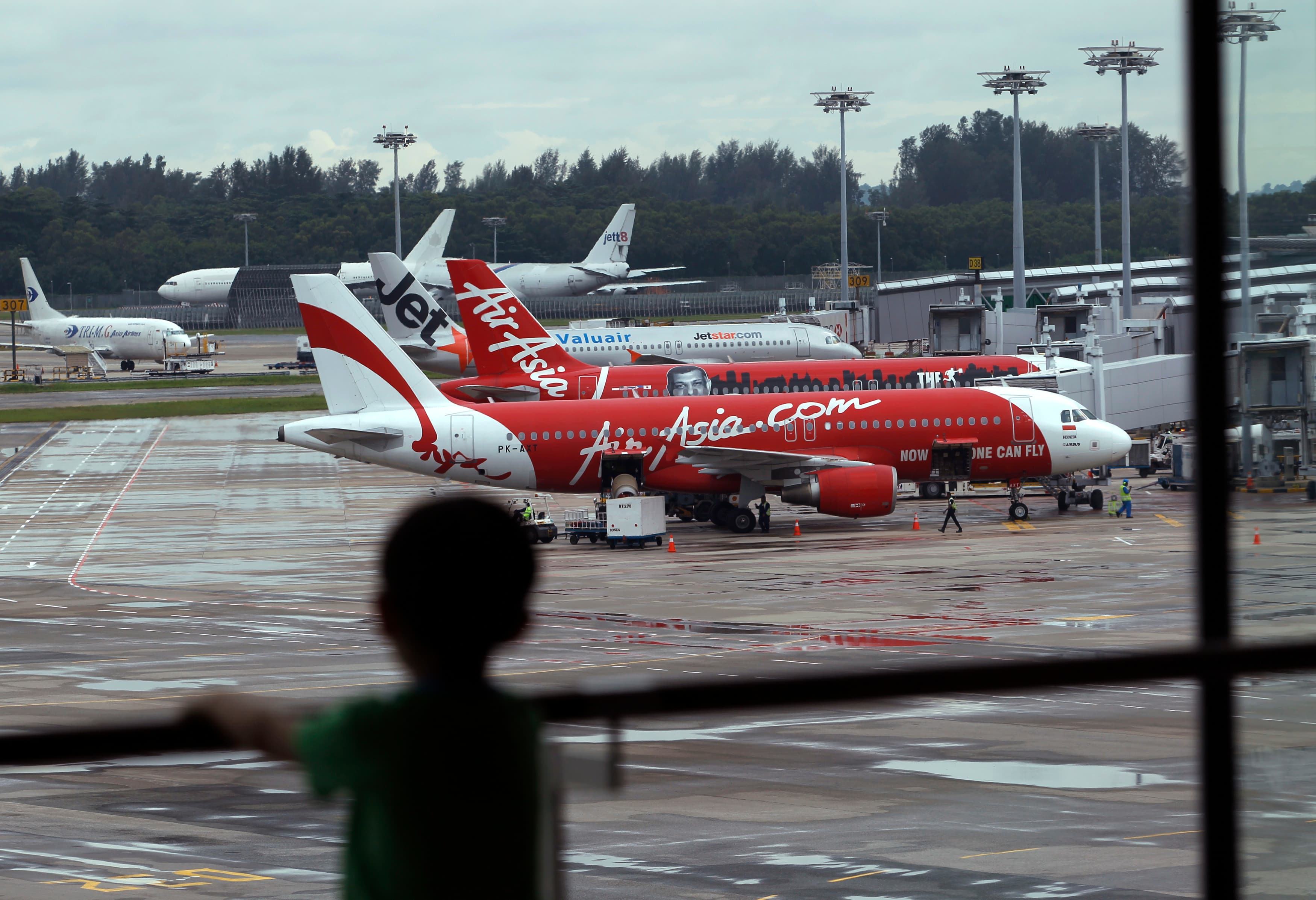 A child looks on at a viewing gallery overlooking AirAsia planes on the tarmac at Changi Airport in Singapore December 29, 2014.