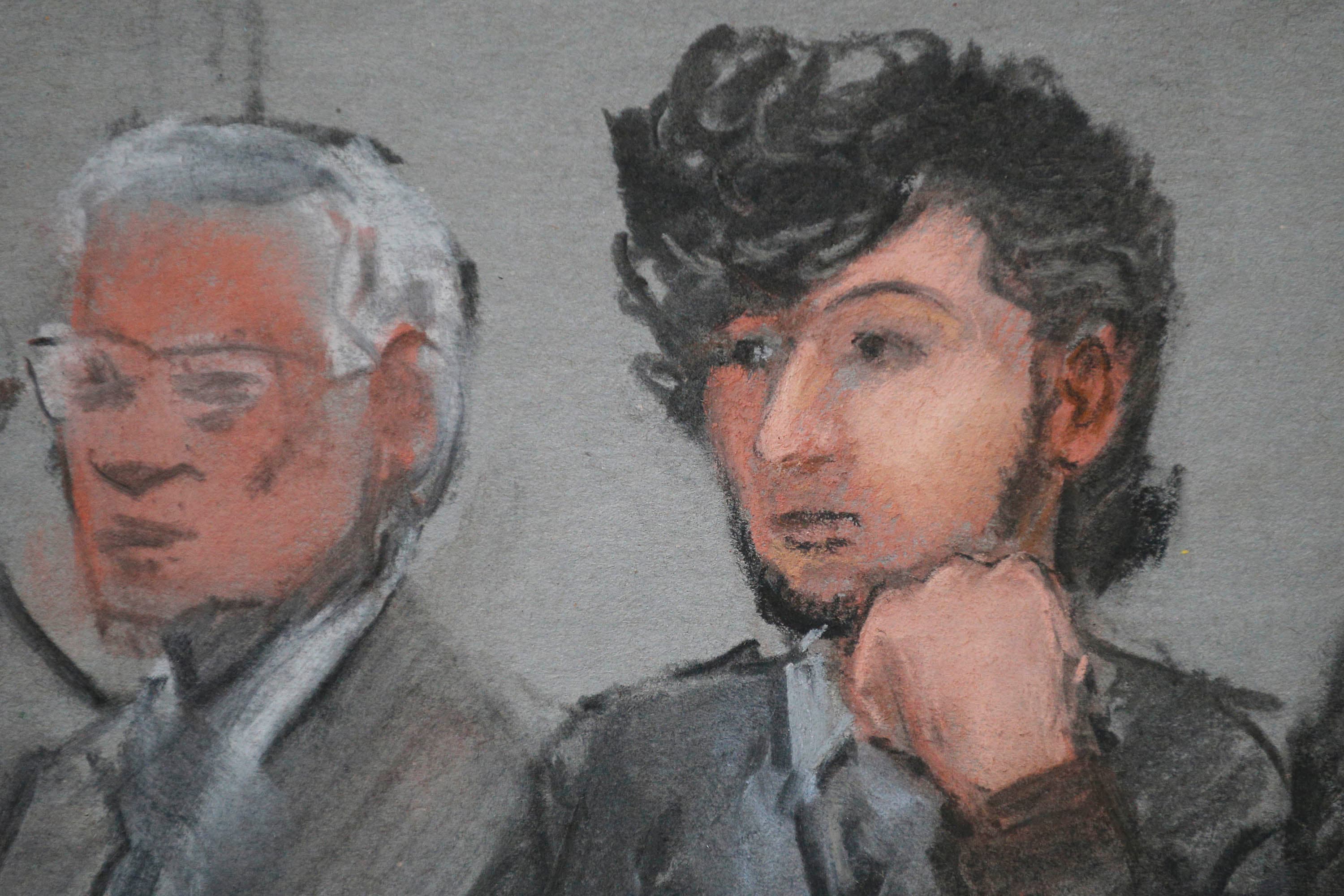 Accused Boston Marathon bomber Dzhokhar Tsarnaev is shown in a courtroom sketch on the first day of jury selection at the federal courthouse in Boston, Massachusetts, on January 5, 2015.