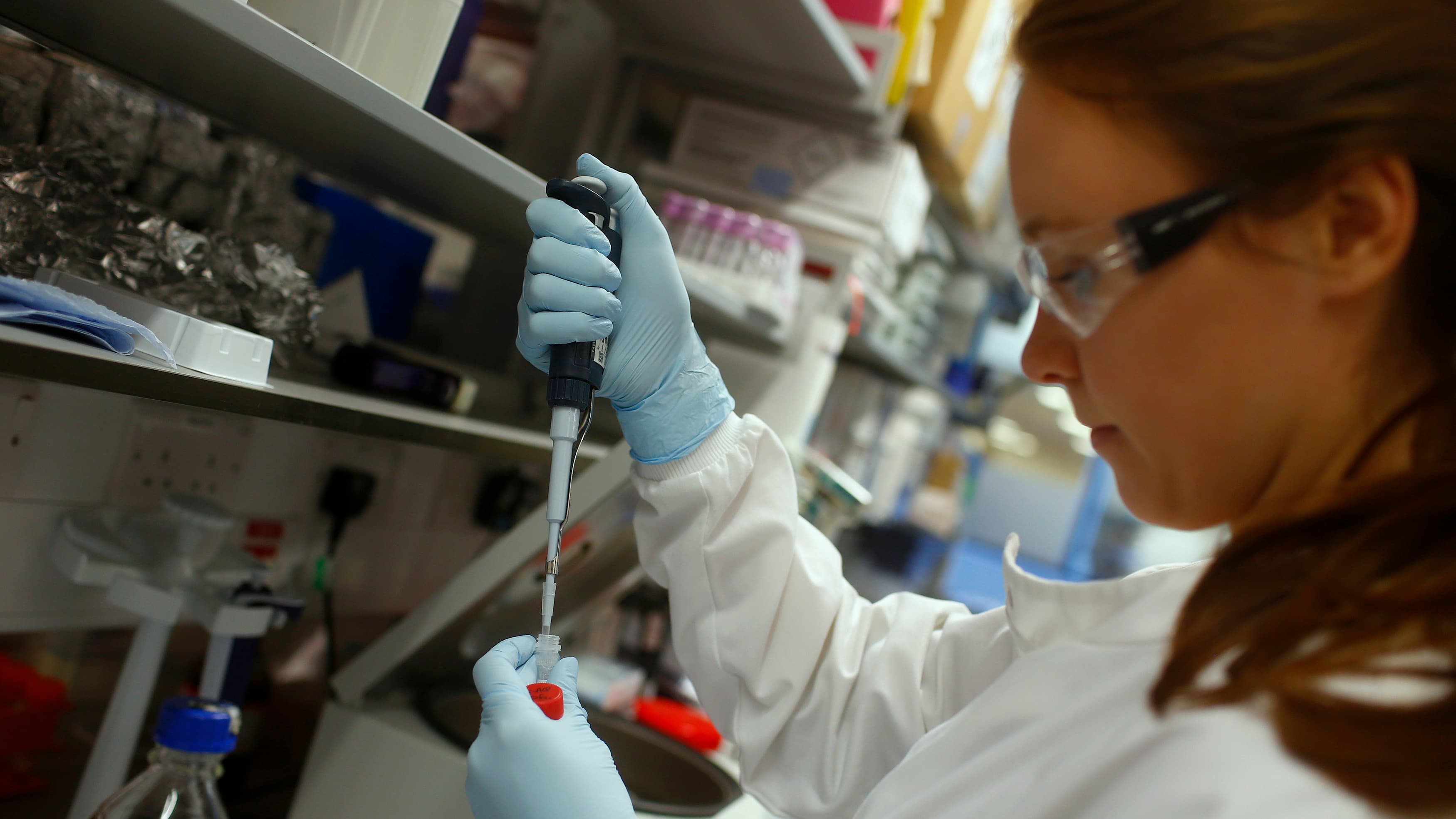 Research assistant Georgina Bowyer works on a vaccine for Ebola at the Jenner Institute in Oxford, England, on January 16, 2015.