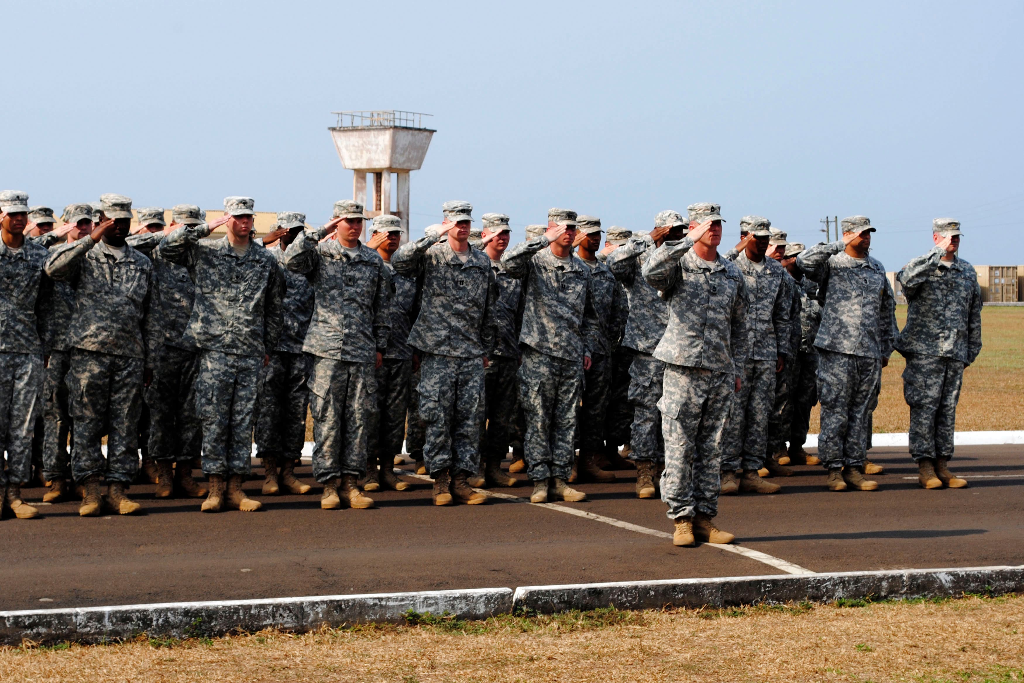 American soldiers take part in a ceremony marking the end of their mission to fight Ebola in Monrovia, Liberia, on February 26, 2015.