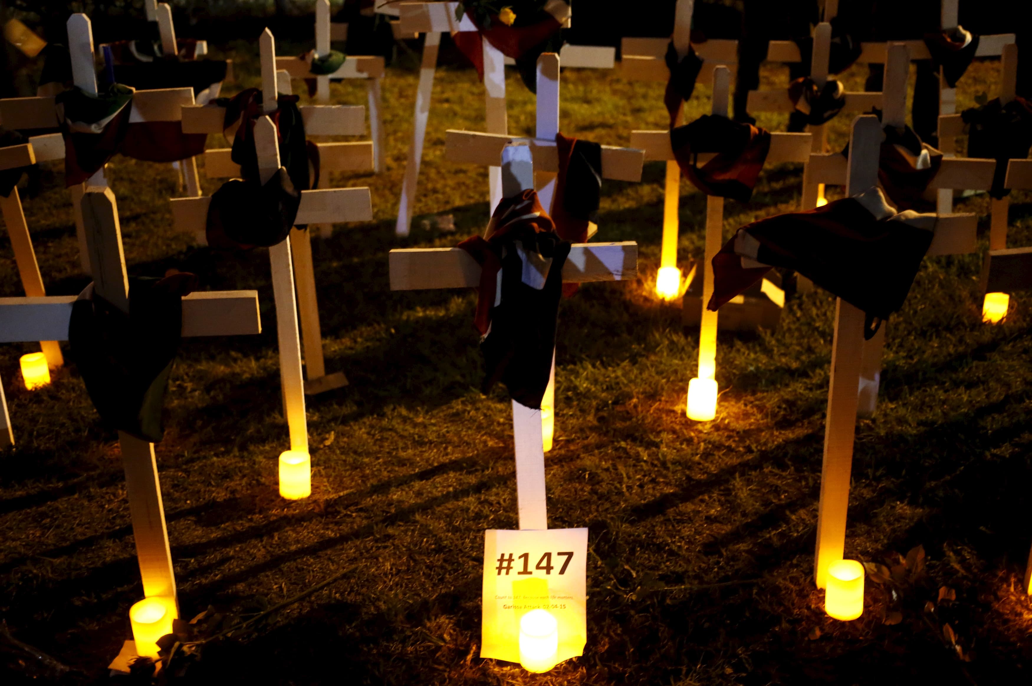 Wooden crosses are placed on the ground, symbolising the 147 people killed during an attack by gunmen at the Garissa University College.