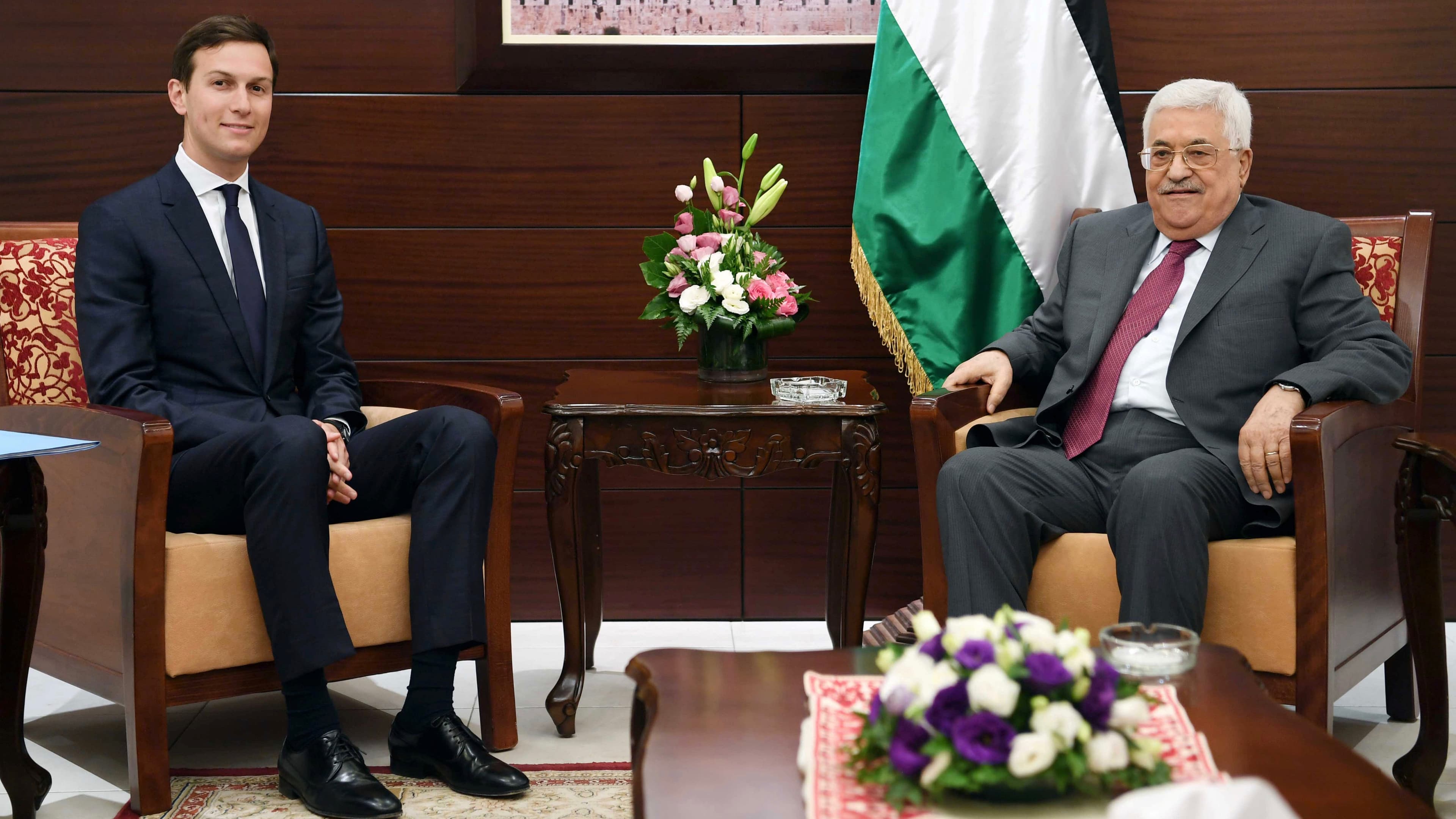 Palestinian President Mahmoud Abbas meets with White House senior advisor Jared Kushner in the West Bank City of Ramallah on June 21, 2017.