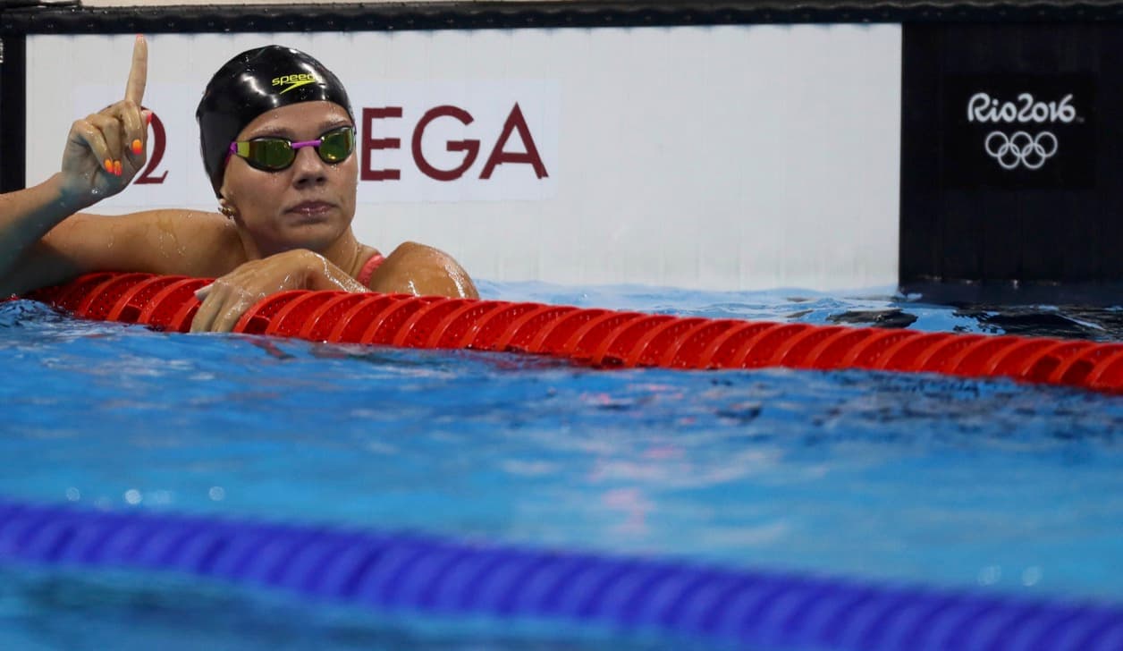 Russian swimmer Yulia Efimova of Russia in the beginning of this week's finger-waving battle at the 2016 Rio Olympics on Monday.