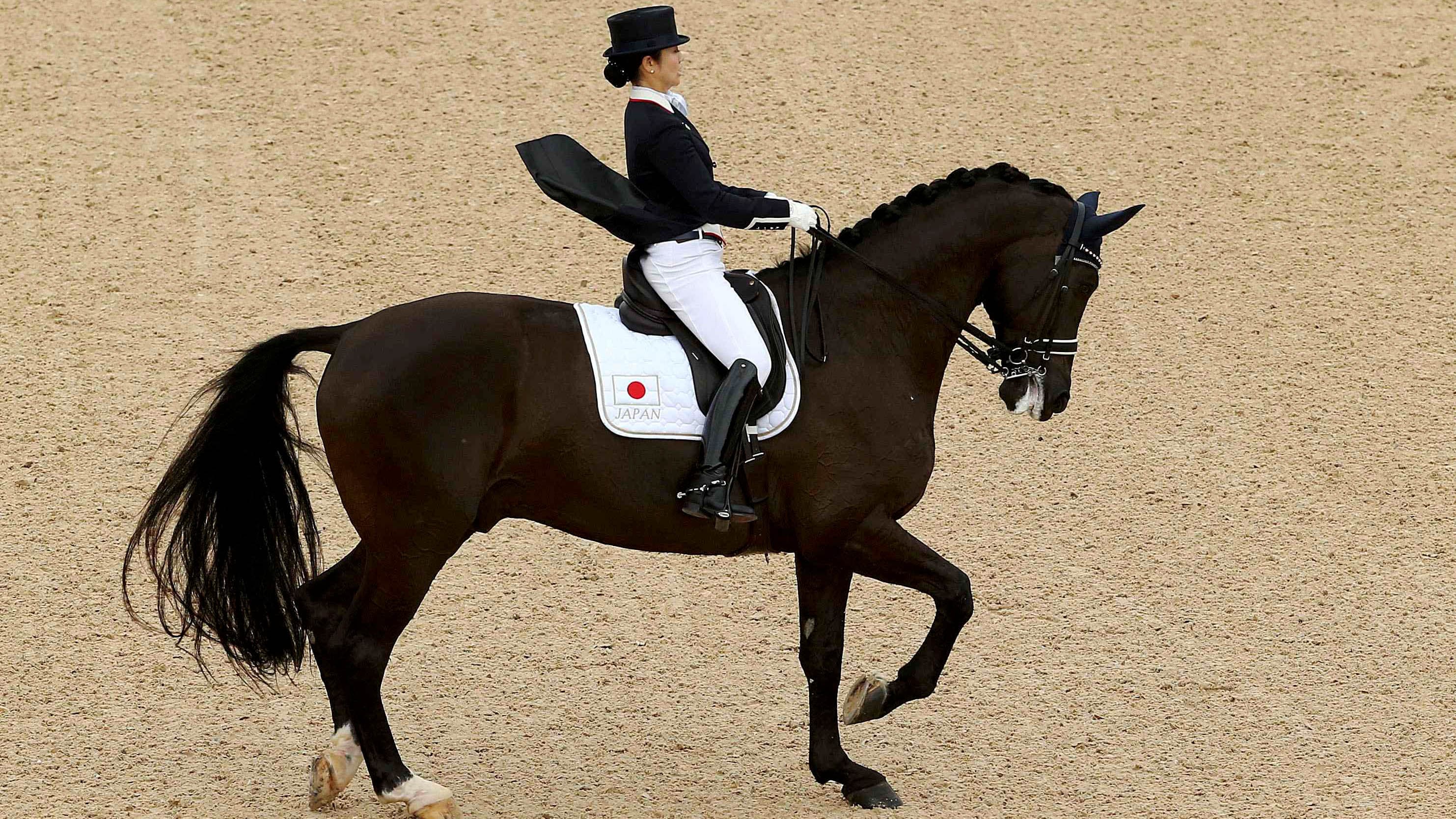 Akane Kuroki of Japan, riding on Day One of the Dressage Individual Grand Prix, at the 2016 Olympics in Rio de Janeiro