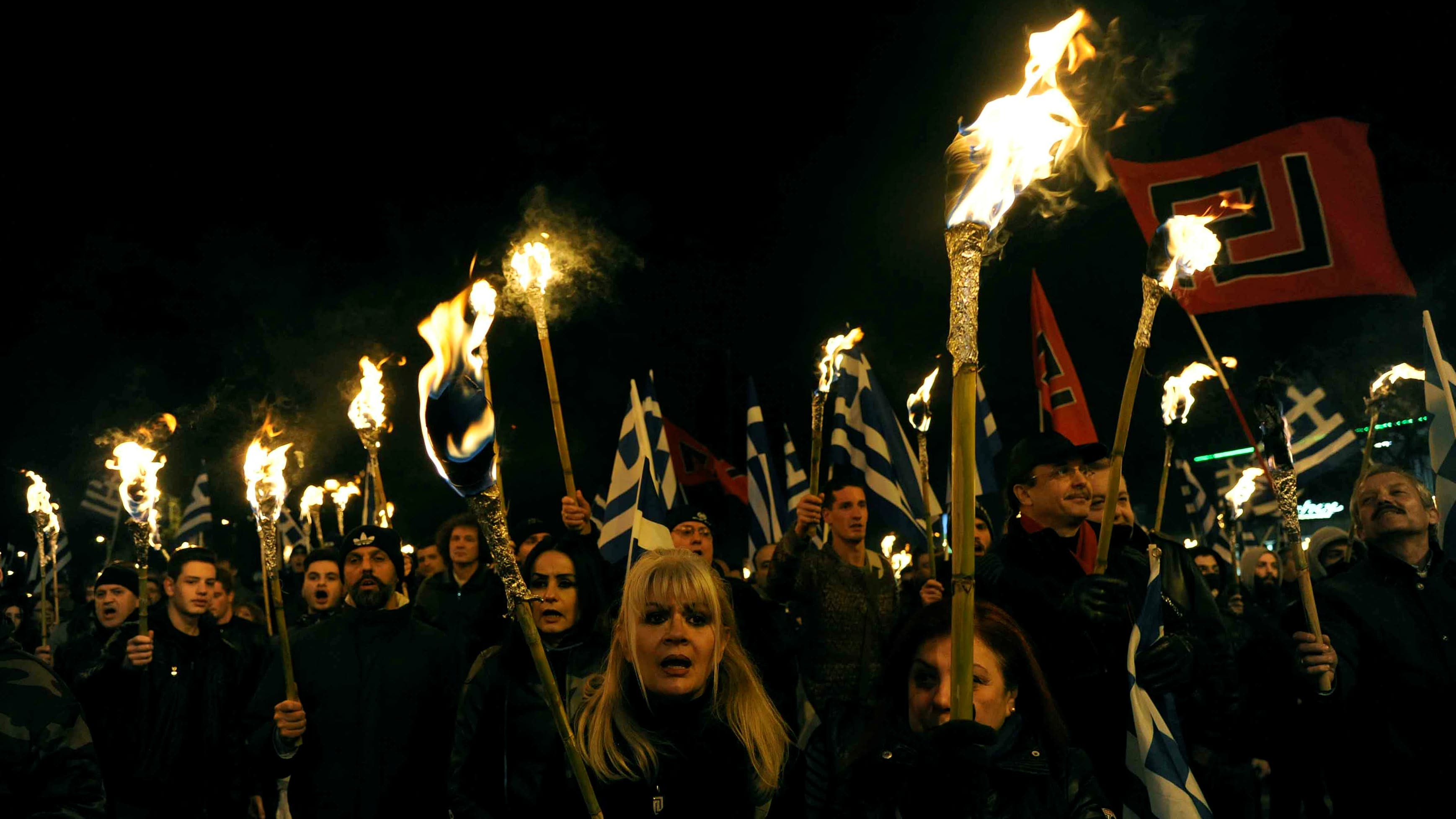 Supporters of Greece's far-right Golden Dawn party rally in Athens, Greece, Jan. 28, 2017.