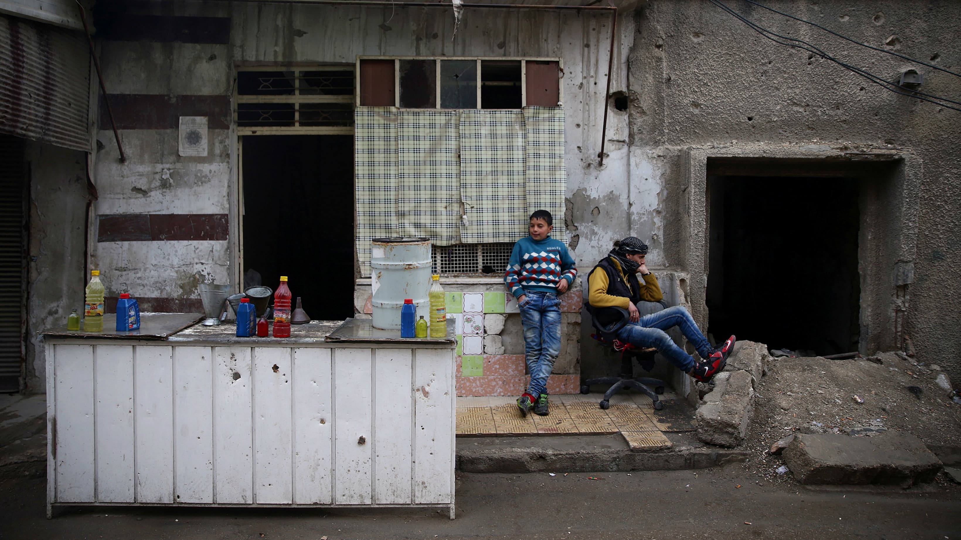 A fuel stand in rebel-held, besieged Eastern Ghouta, Syria, Feb. 12, 2017.