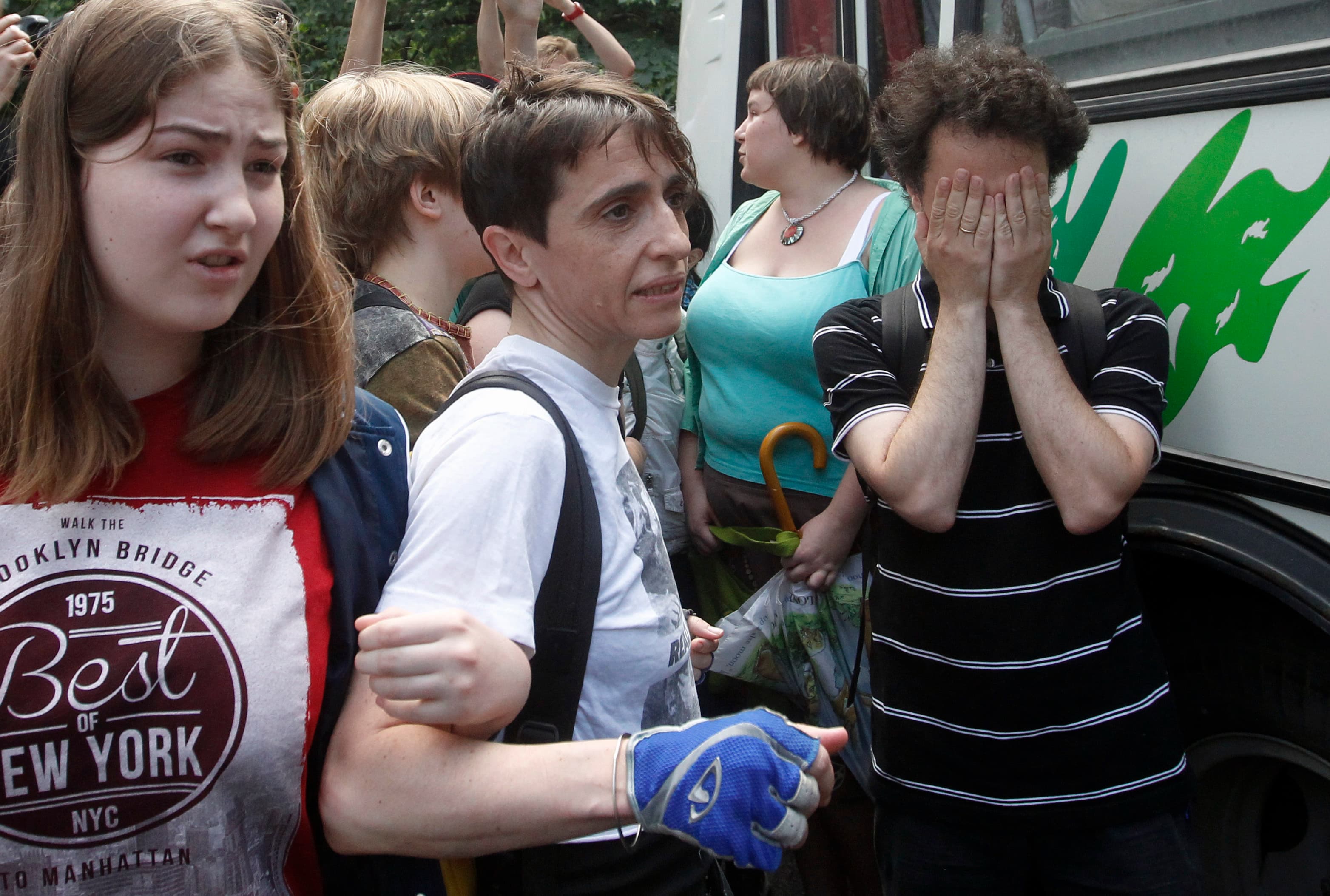 Russia-born U.S. journalist Masha Gessen (center) in a 2013 protest in Moscow against a proposed new law that would ban gay rights rallies.
