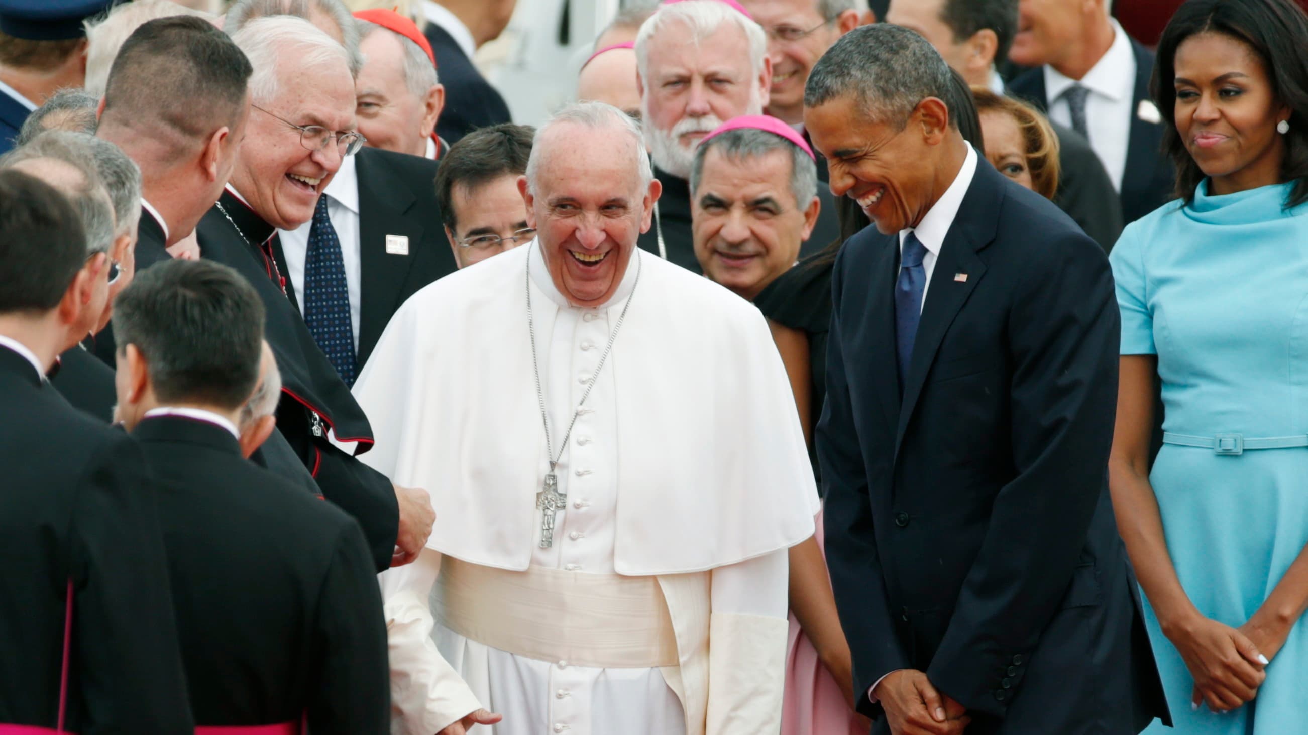 President Barack Obama and First lady Michelle Obama were there in person to welcome Pope Francis at Joint Base Andrews in Maryland for the pontiff's first visit to the United States on September 22, 2015.