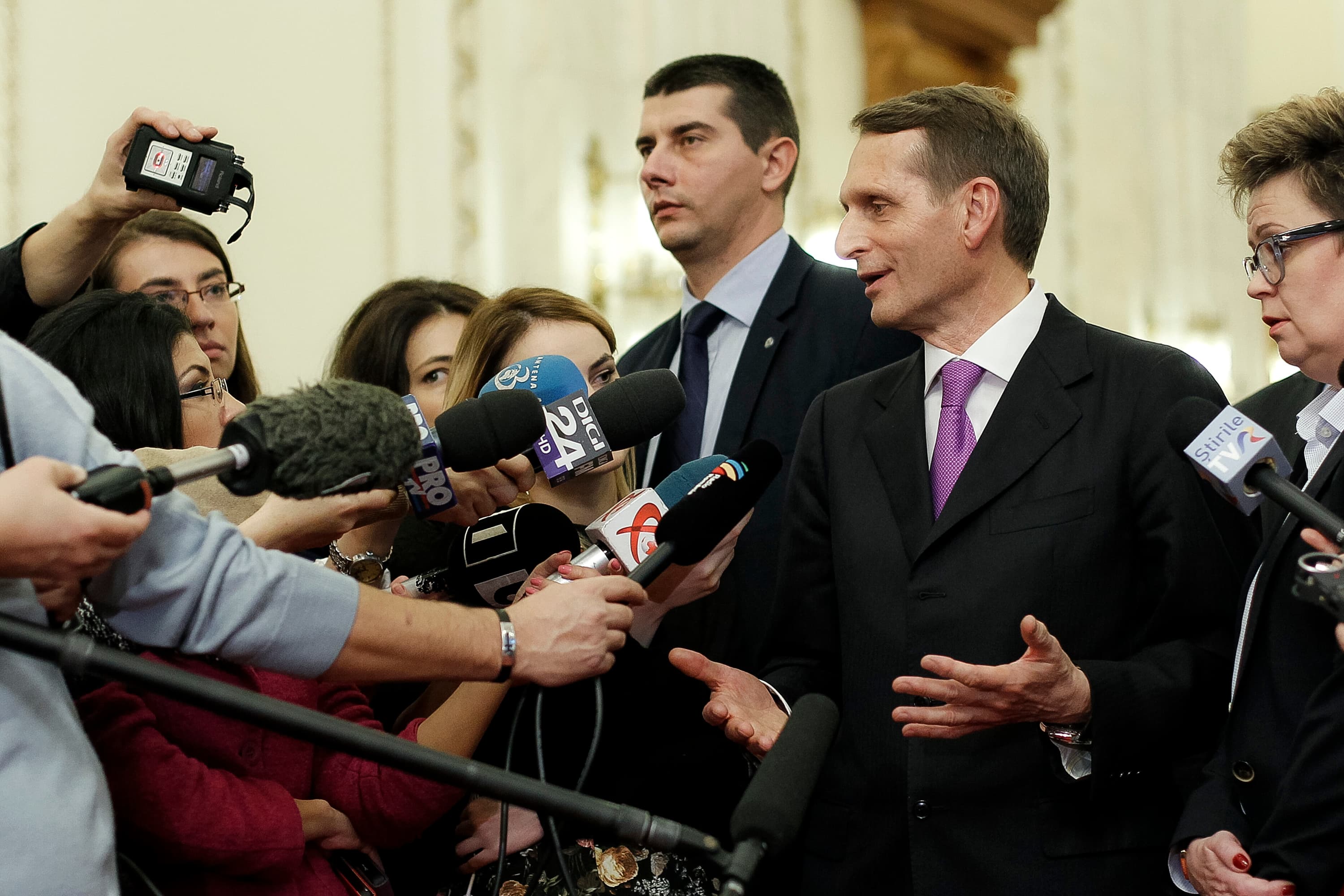 Russian State Duma lower house of parliament speaker Sergei Naryshkin speaks to the media in November, 2015