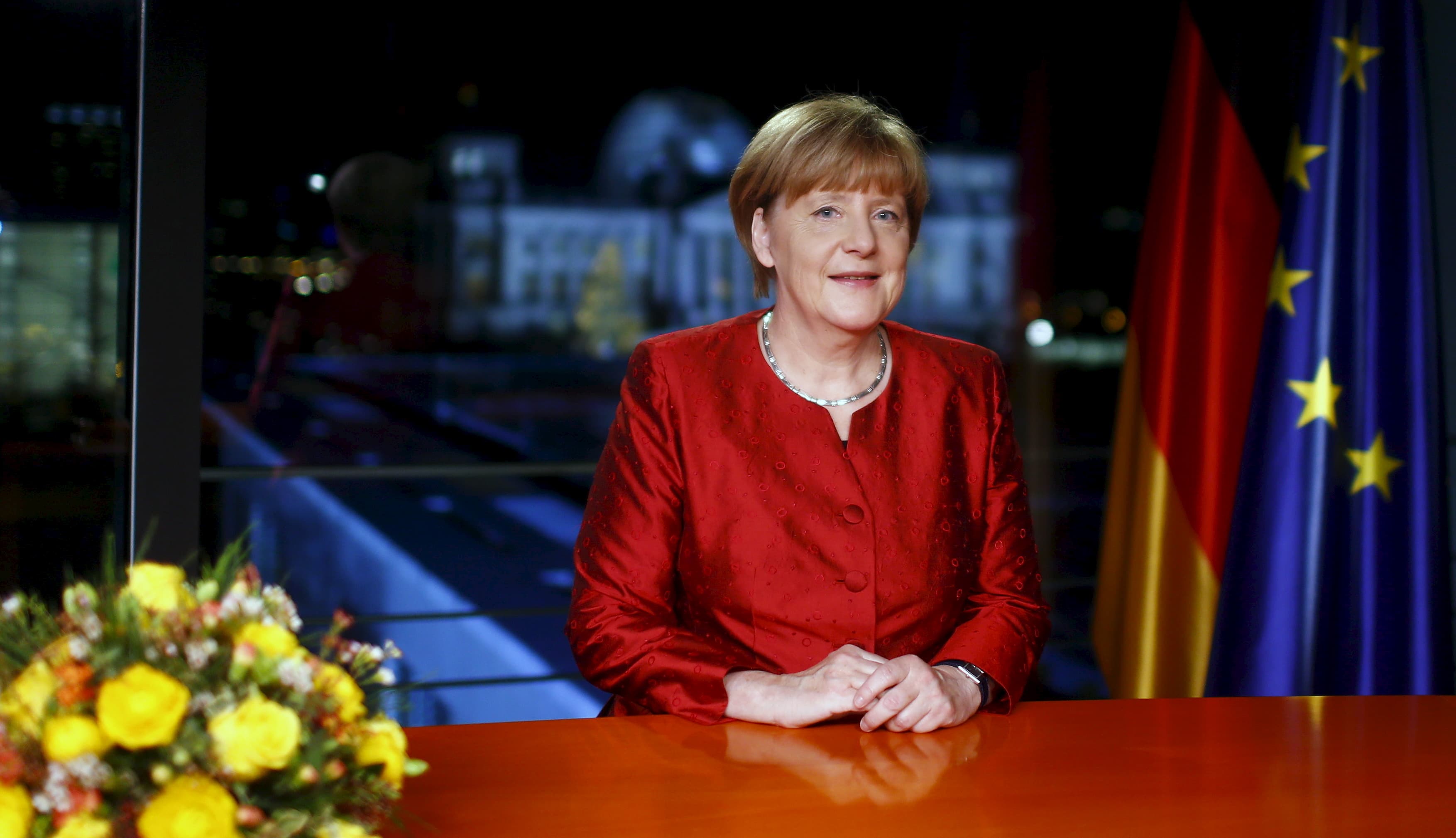 German Chancellor Angela Merkel poses after recording her New Year's speech in the Chancellery in Berlin, Germany, December 30, 2015.