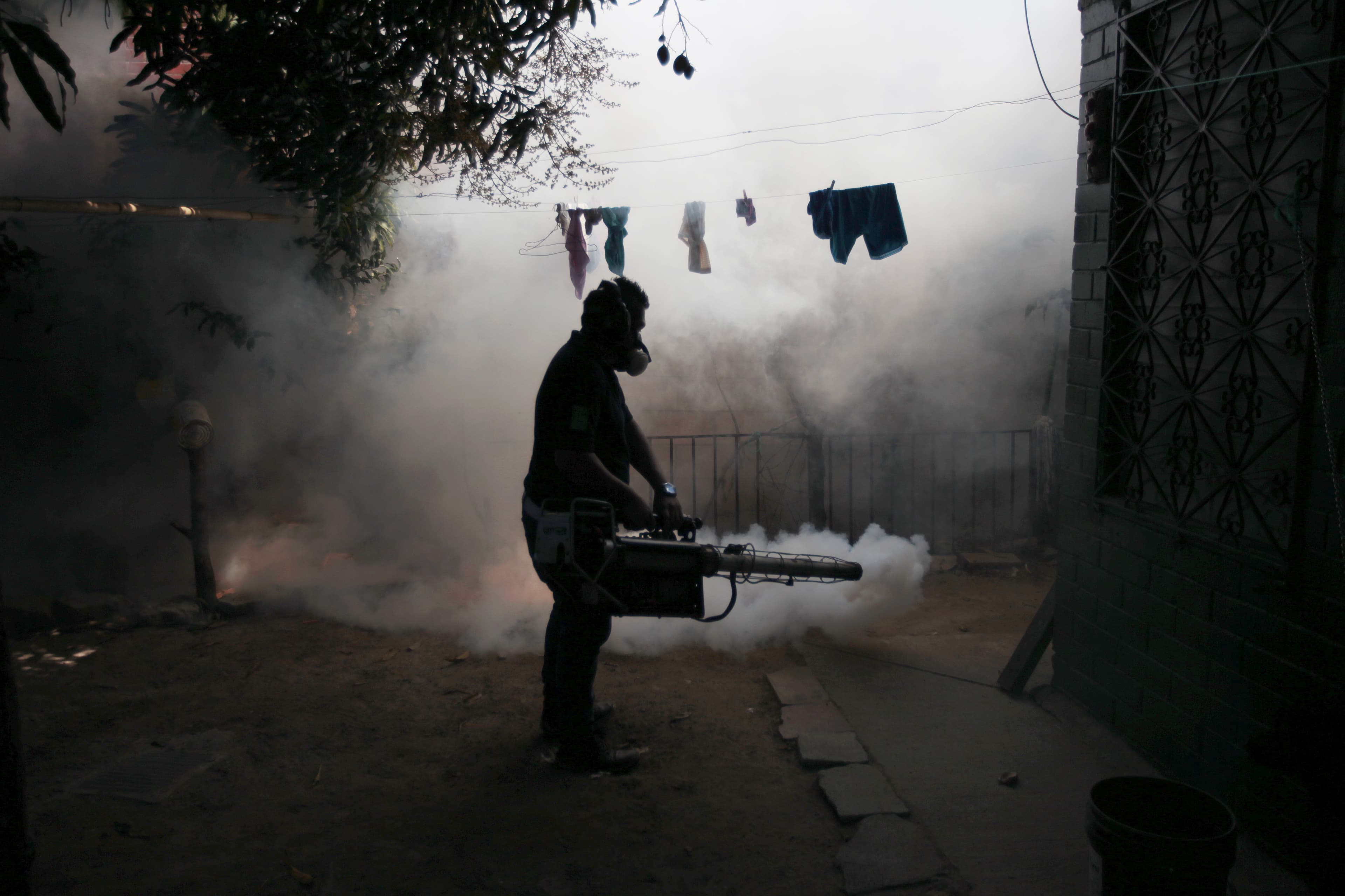 A health worker fumigates the Altos del Cerro neighbourhood as part of preventive measures against the Zika virus and other mosquito-borne diseases in Soyapango, El Salvador.