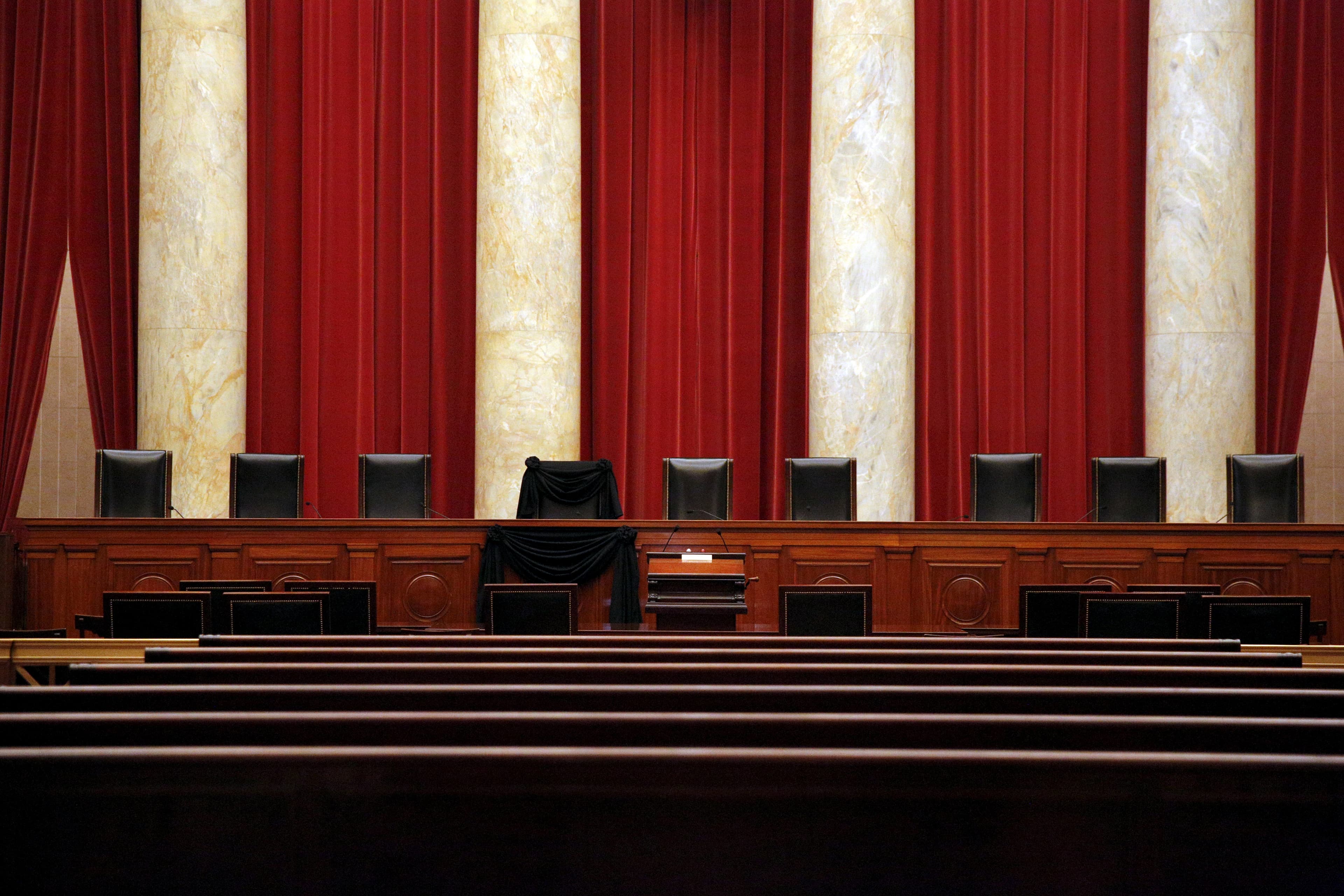 The bench of late Supreme Court Justice Antonin Scalia draped in black after his death.