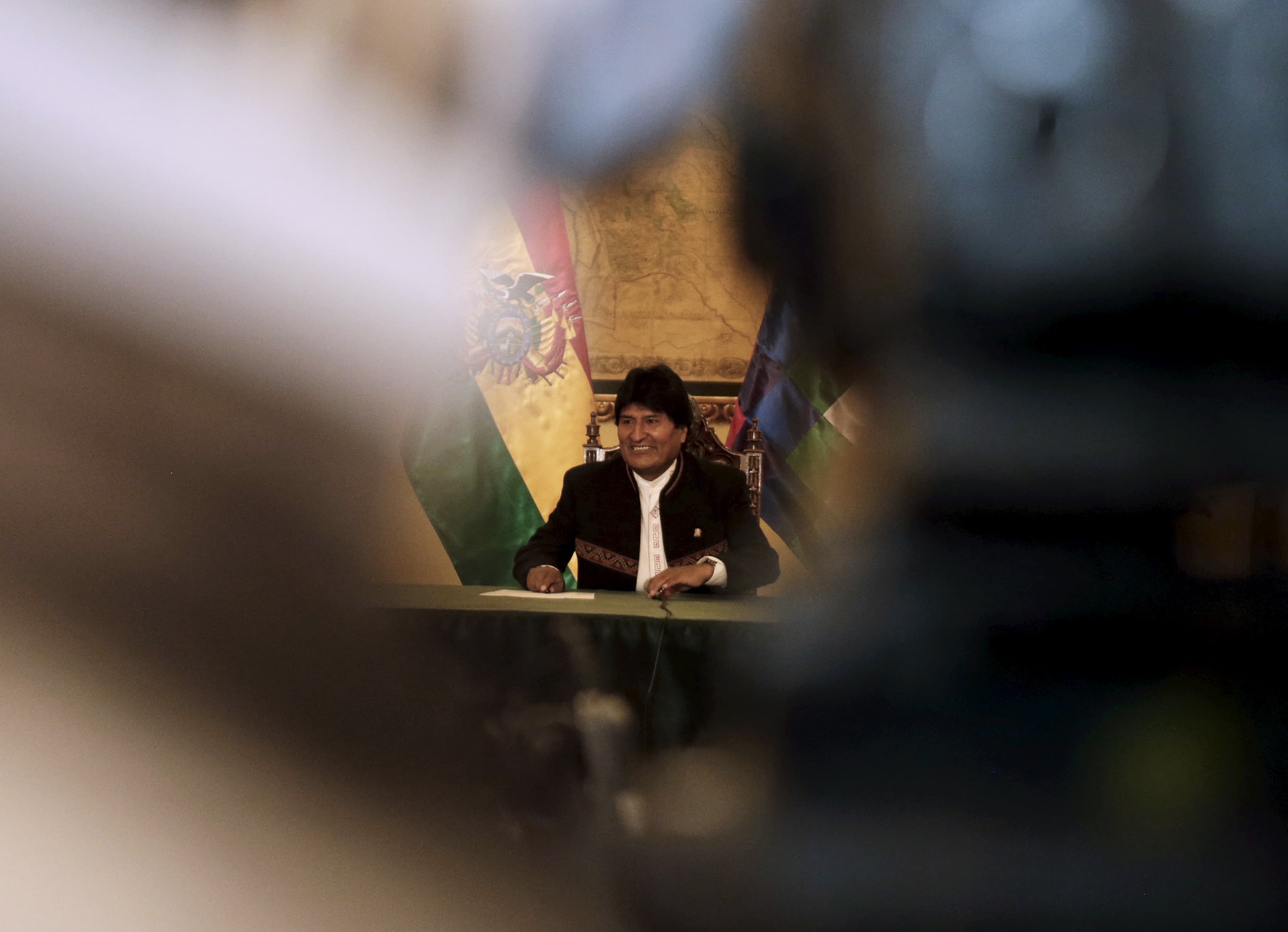 President Evo Morales holds a news conference at the presidential palace in La Paz, Bolivia on Feb. 22, 2016. Morales asked Bolivians on Monday to wait "calmly" for the official result of Sunday's referendum on whether he should be allowed to run for re-e
