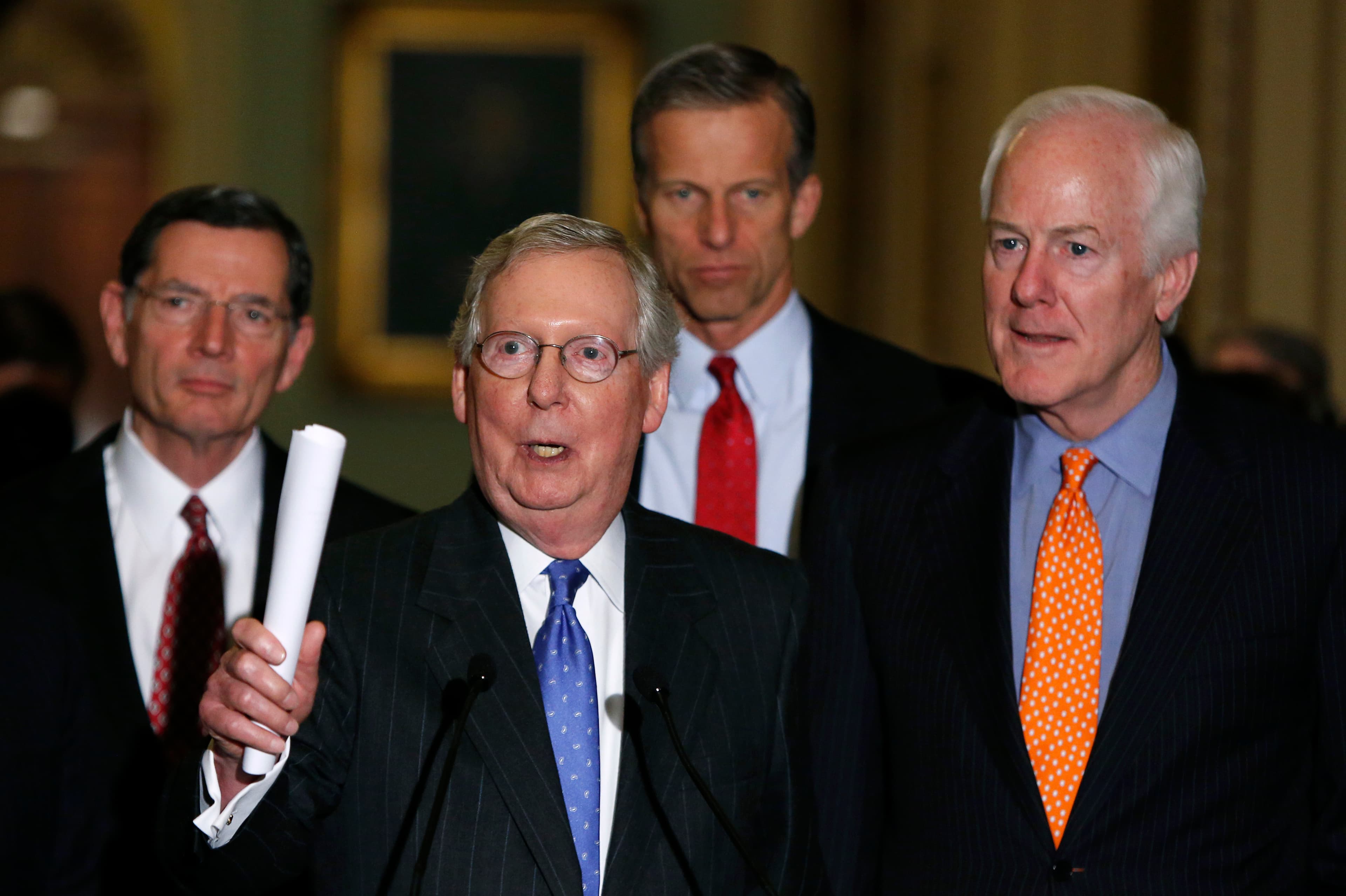 Senate Majority Leader Mitch McConnell (R-KY) (C) holds a news conference with fellow Republican leadership on possible Supreme Court nominations after their Republican party caucus luncheon on Capitol Hill in Washington February 23, 2016.