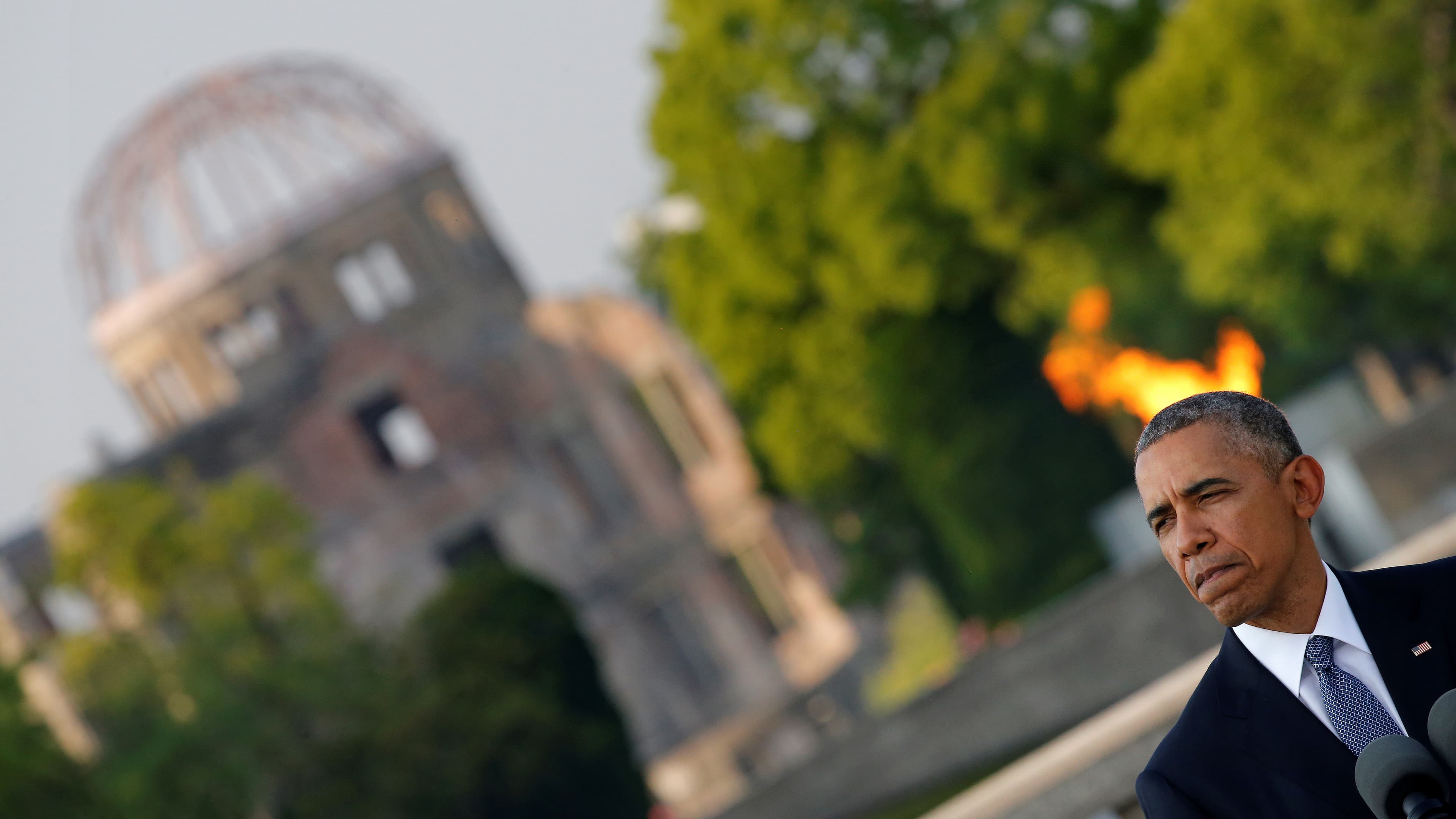 President Barack Obama and Japan's Prime Minister Shinzo Abe (not pictured) attend a ceremony at the Atomic Bomb Dome at Peace Memorial Park in Hiroshima, Japan, May 27th 2016.