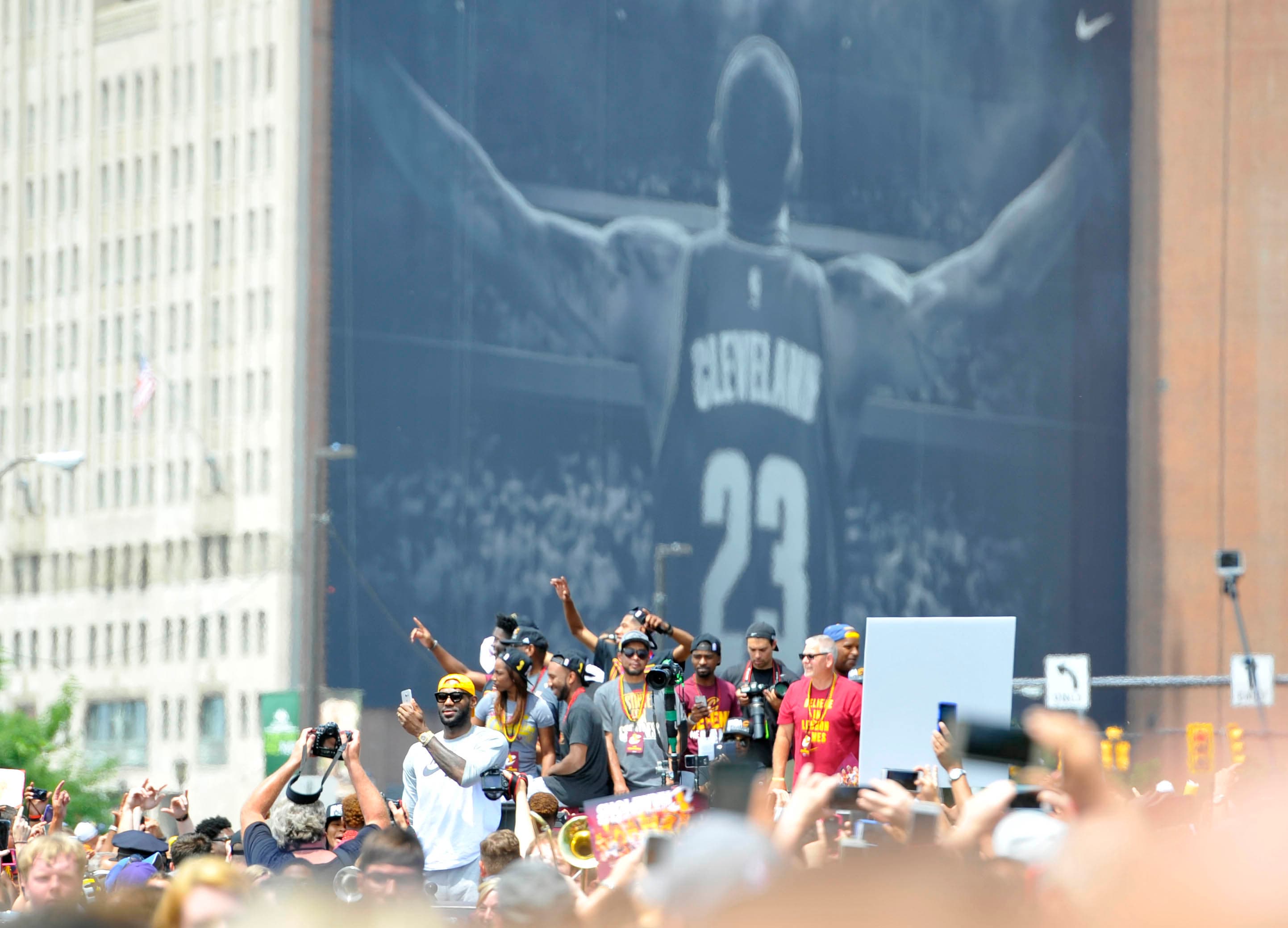 Cleveland Cavaliers forward LeBron James celebrates during the NBA championship parade in downtown Cleveland.