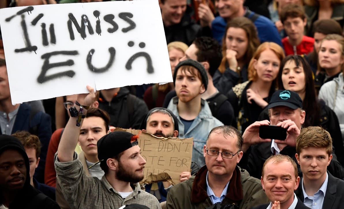 Demonstrators take part in a protest on Tuesday aimed at showing London's solidarity with the European Union after the UK voted to dump the club.