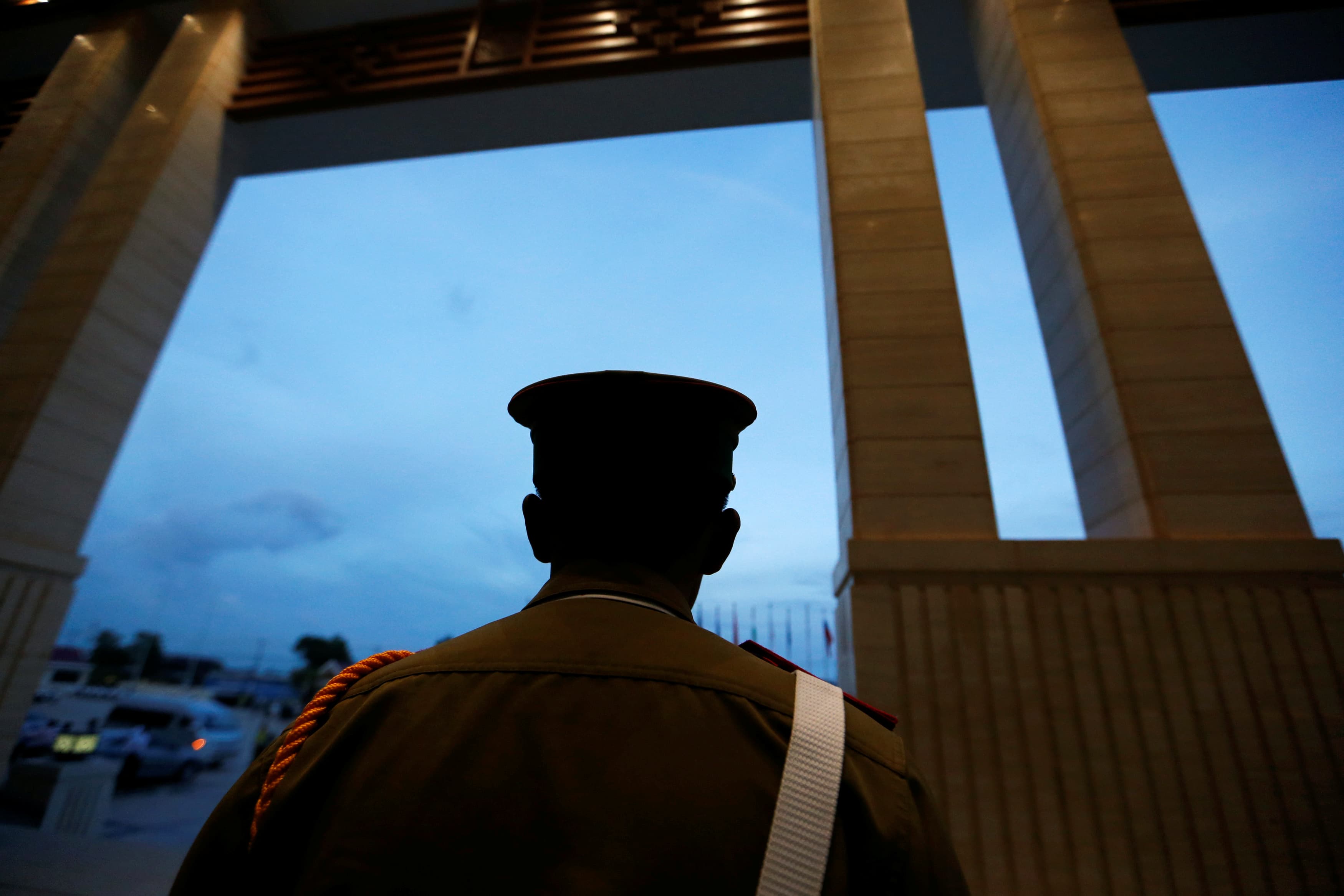 A Laotian soldier stands outside the venue of the ASEAN Summit in Vientiane, Laos September 6, 2016.