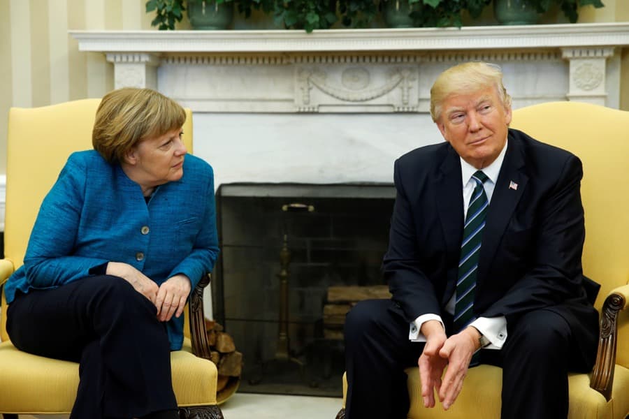US President Donald Trump meets with Germany's Chancellor Angela Merkel in the Oval Office at the White House in Washington on March 17.