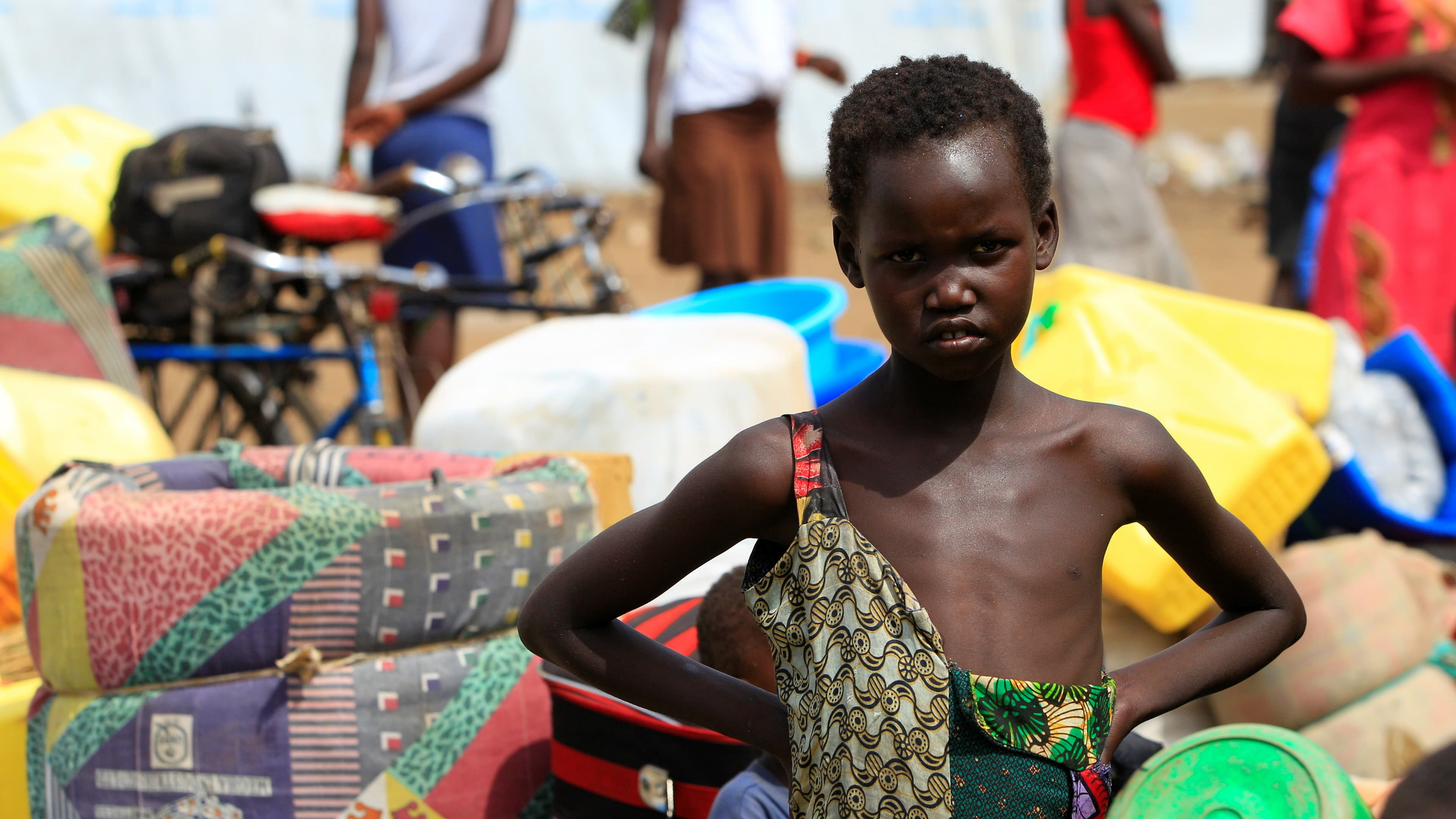 A South Sudanese refugee girl, displaced by fighting, arrives at Imvepi settlement in Arua district, northern Uganda, April 4, 2017.