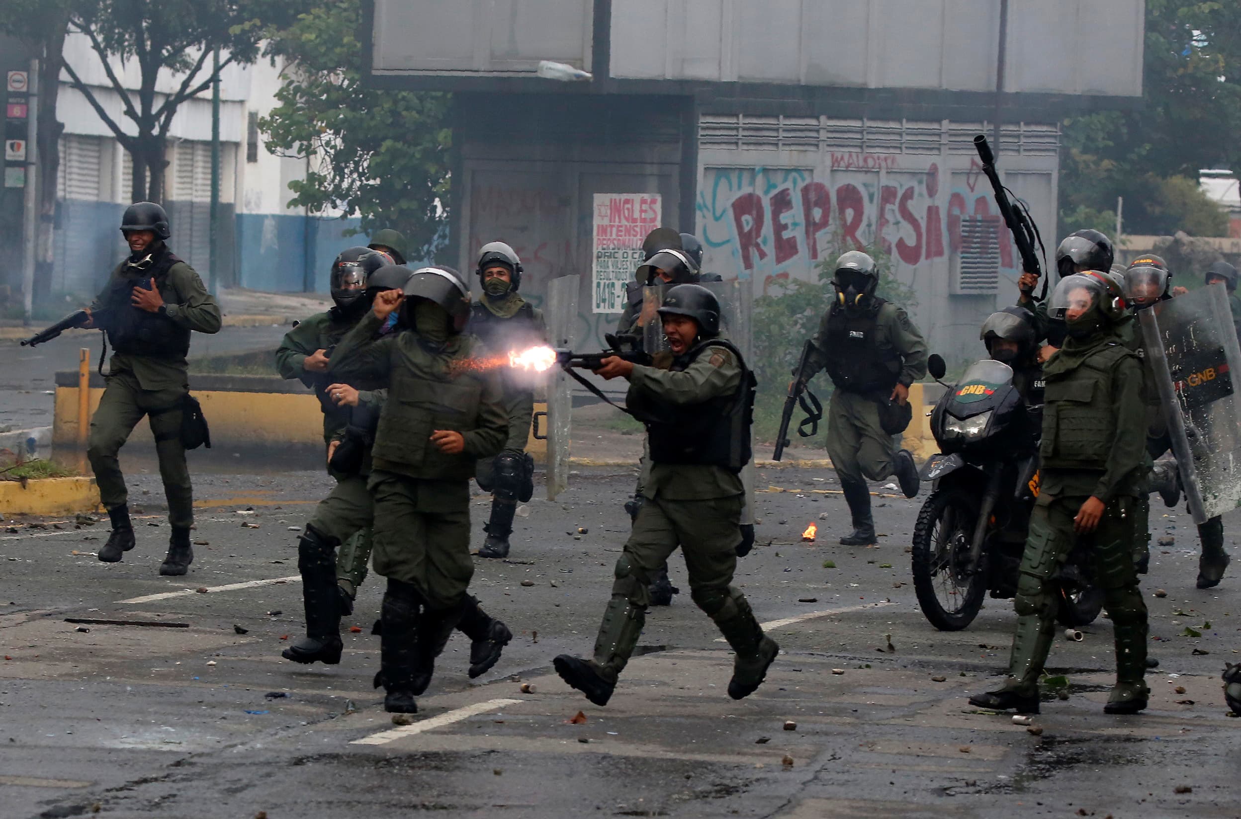 Riot security forces clashing with demonstrators rallying against Venezuela's President Nicolás Maduro's government in Caracas, Venezuela, on July 28.