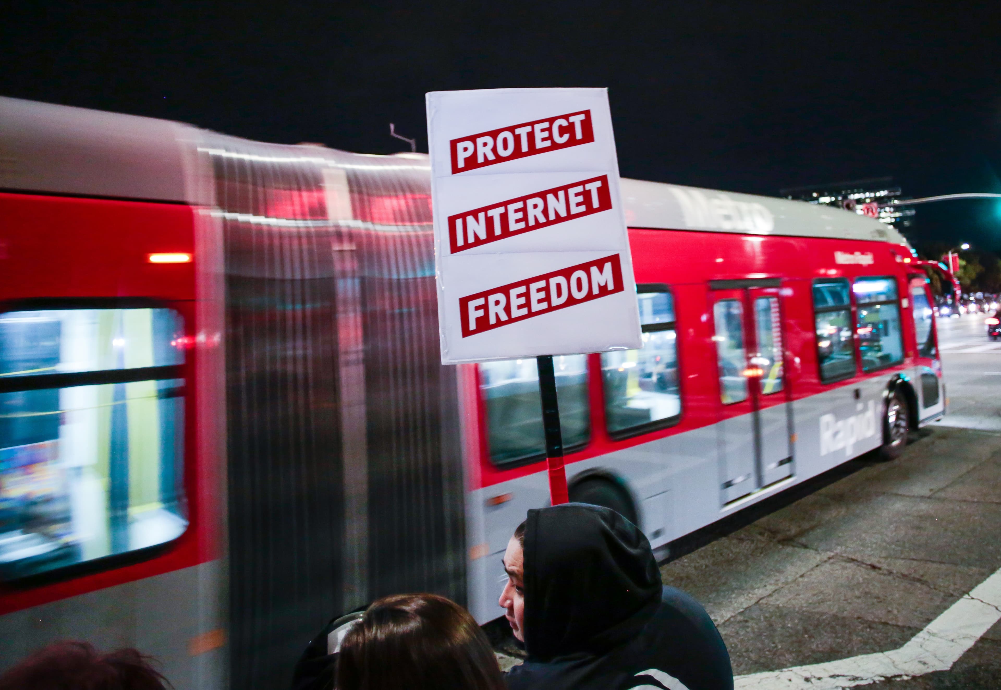 Supporter of Net Neutrality Lance Brown Eyes protests the FCC's recent decision to repeal the program in Los Angeles, California, November 28, 2017.