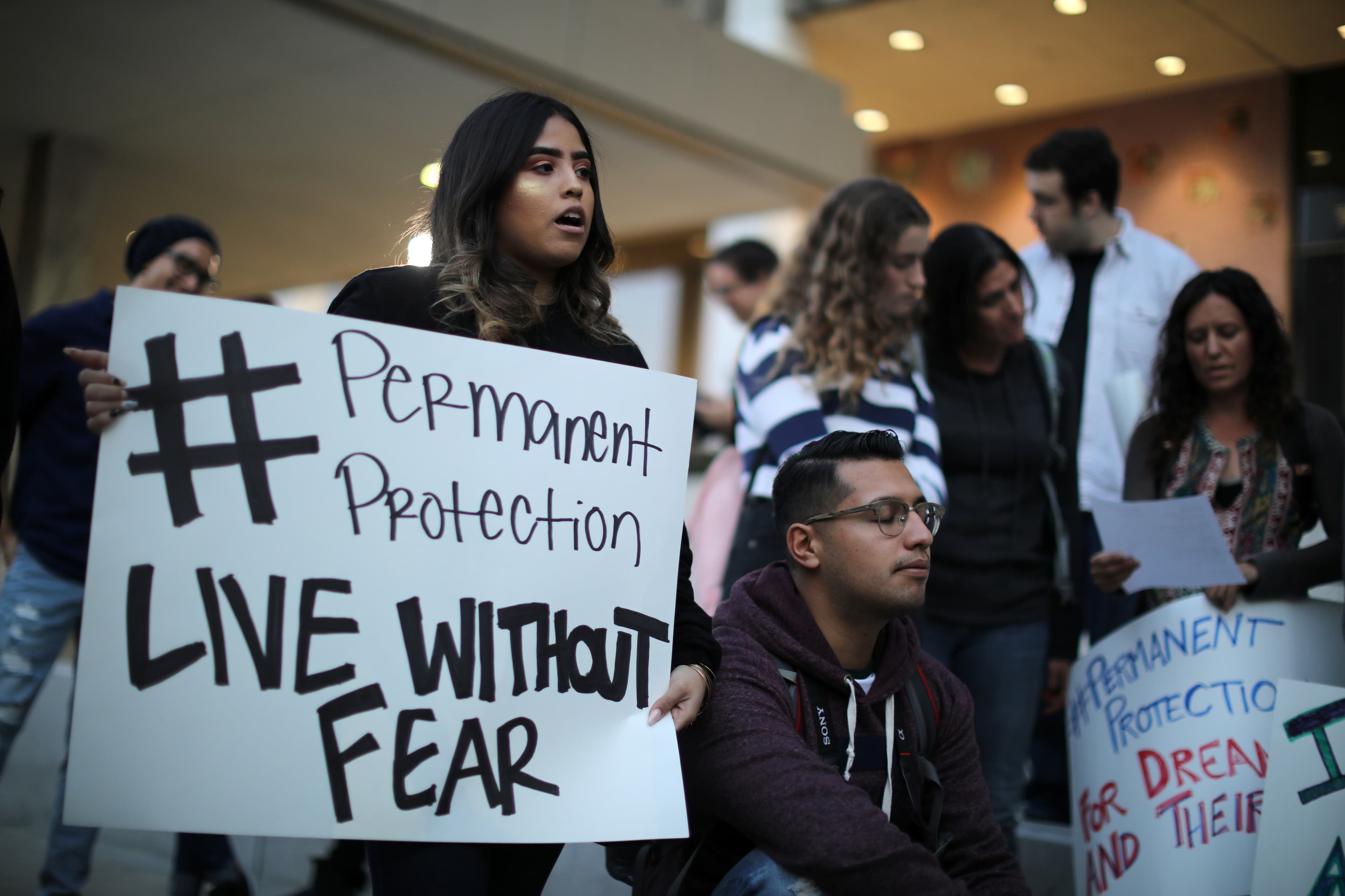 People protest to call for a new DREAM Act to replace DACA in Los Angeles, California, Jan.17, 2018.